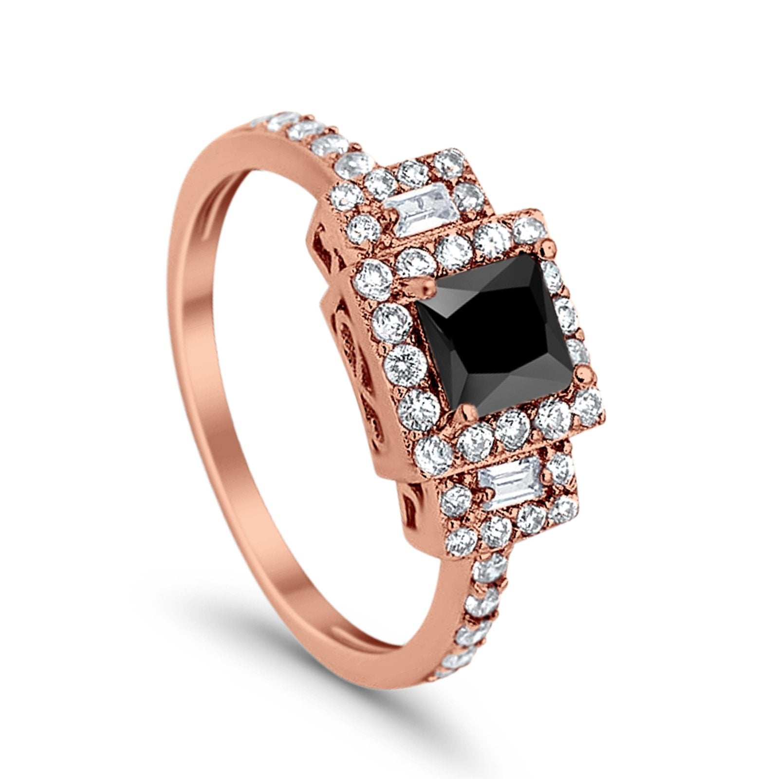 Halo Wedding Ring Baguette Simulated Cubic Zirconia 925 Sterling Silver