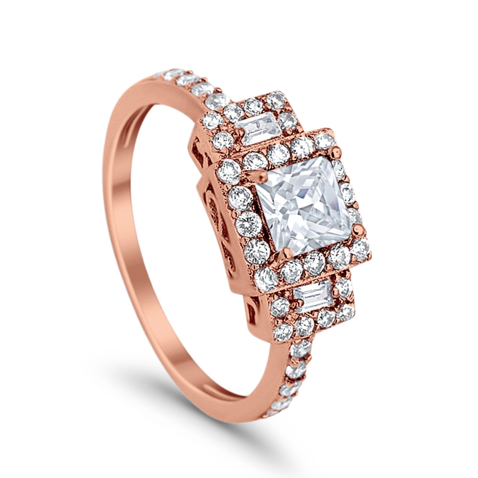 Halo Wedding Ring Baguette Simulated Cubic Zirconia 925 Sterling Silver