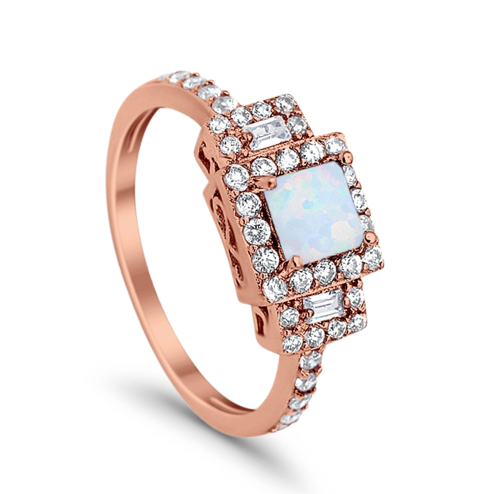 Halo Wedding Ring Baguette Simulated Cubic Zirconia 925 Sterling Silver