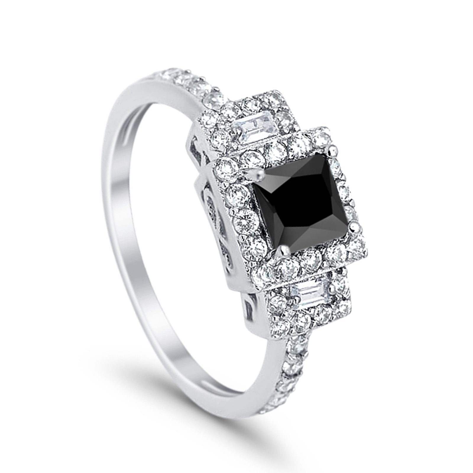 Halo Wedding Ring Baguette Simulated Cubic Zirconia 925 Sterling Silver