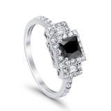 Halo Wedding Ring Baguette Simulated Cubic Zirconia 925 Sterling Silver