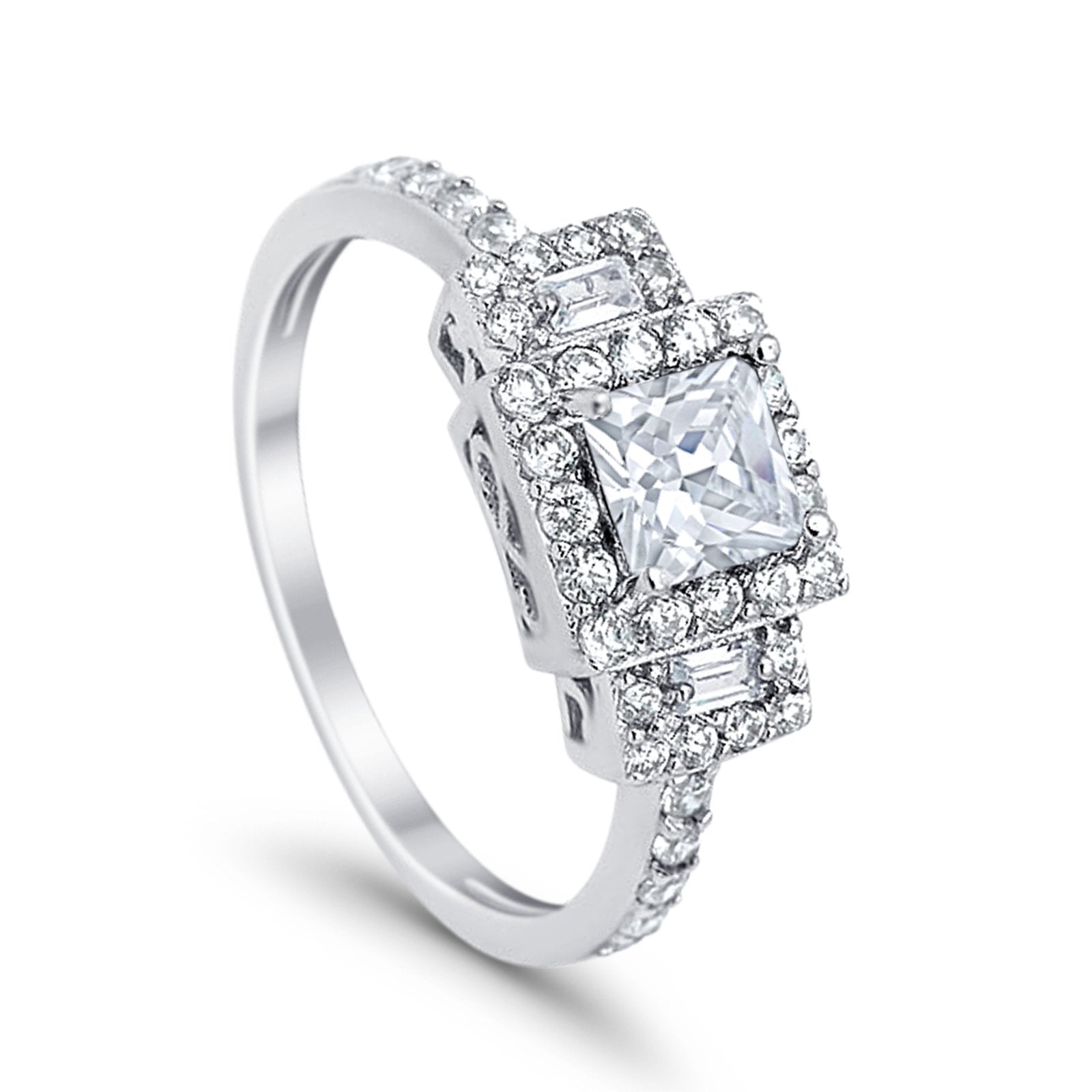 Halo Wedding Ring Baguette Simulated Cubic Zirconia 925 Sterling Silver