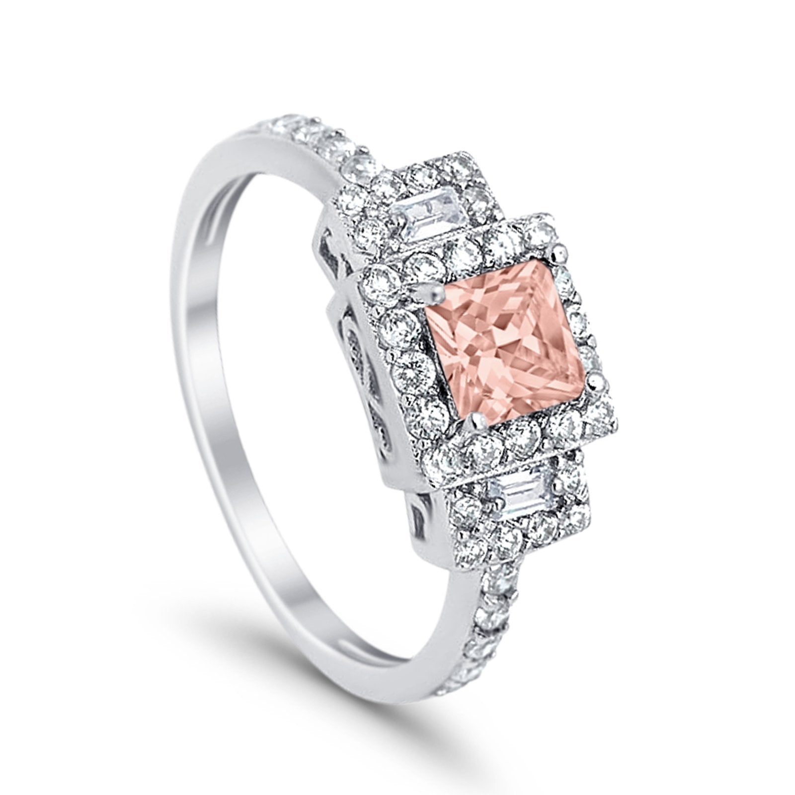 Halo Wedding Ring Baguette Simulated Cubic Zirconia 925 Sterling Silver