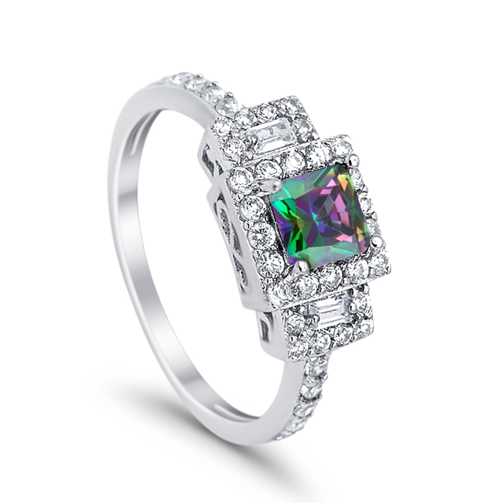 Halo Wedding Ring Baguette Simulated Cubic Zirconia 925 Sterling Silver