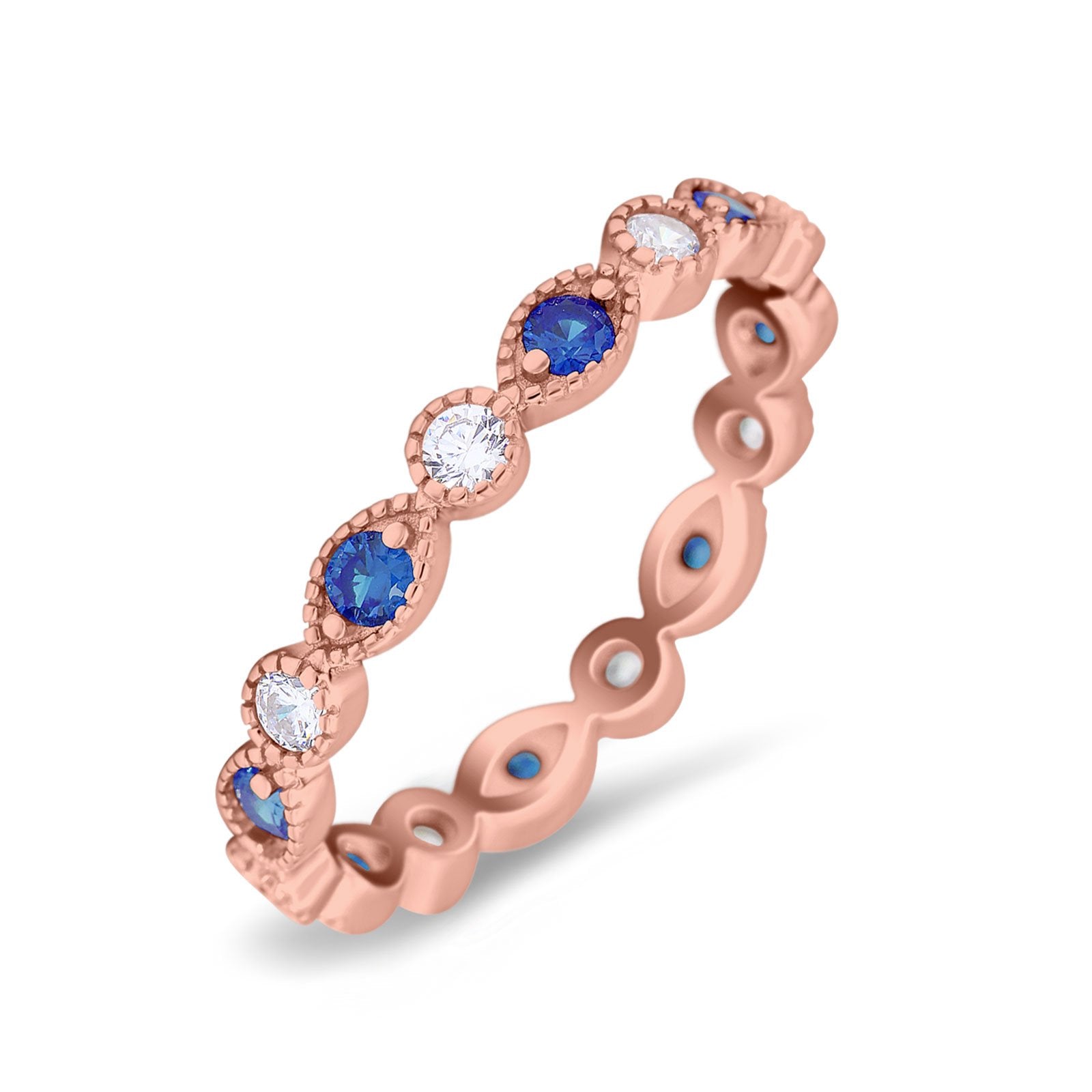 Curved Marquise Art Dec Full Eternity Stackable Band Simulated Blue Sapphire & Cubic Zirconia 925 Sterling Silver
