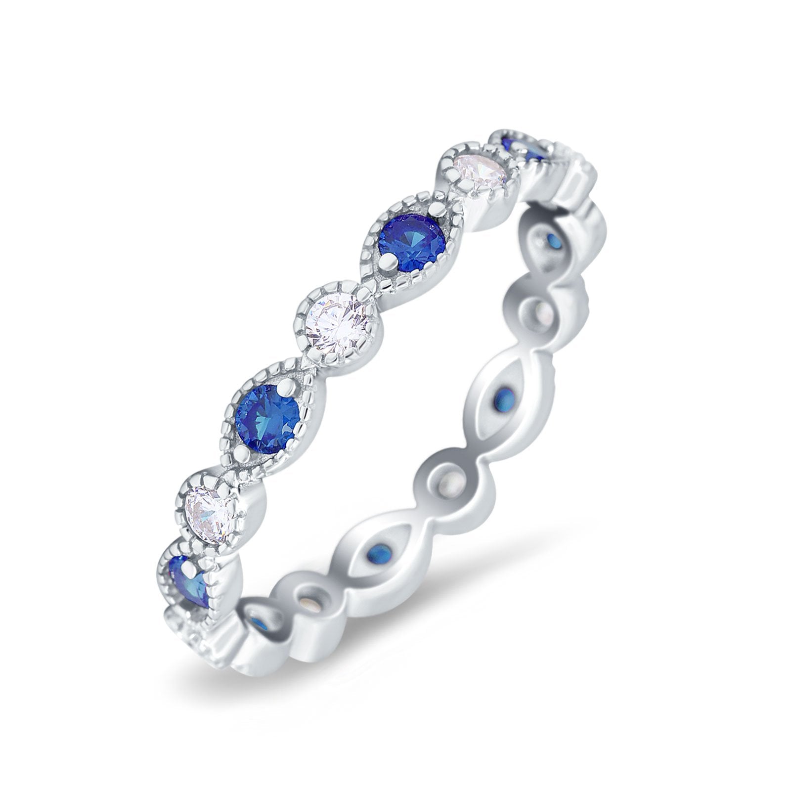 Curved Marquise Art Dec Full Eternity Stackable Band Simulated Blue Sapphire & Cubic Zirconia 925 Sterling Silver