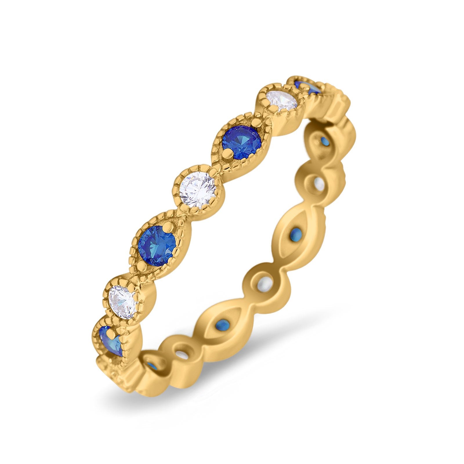 Curved Marquise Art Dec Full Eternity Stackable Band Simulated Blue Sapphire & Cubic Zirconia 925 Sterling Silver