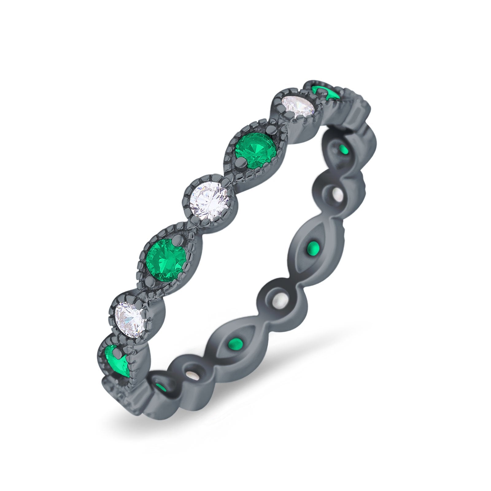 Curved Marquise Art Dec Full Eternity Stackable Band Simulated Green Emerald & Cubic Zirconia 925 Sterling Silver