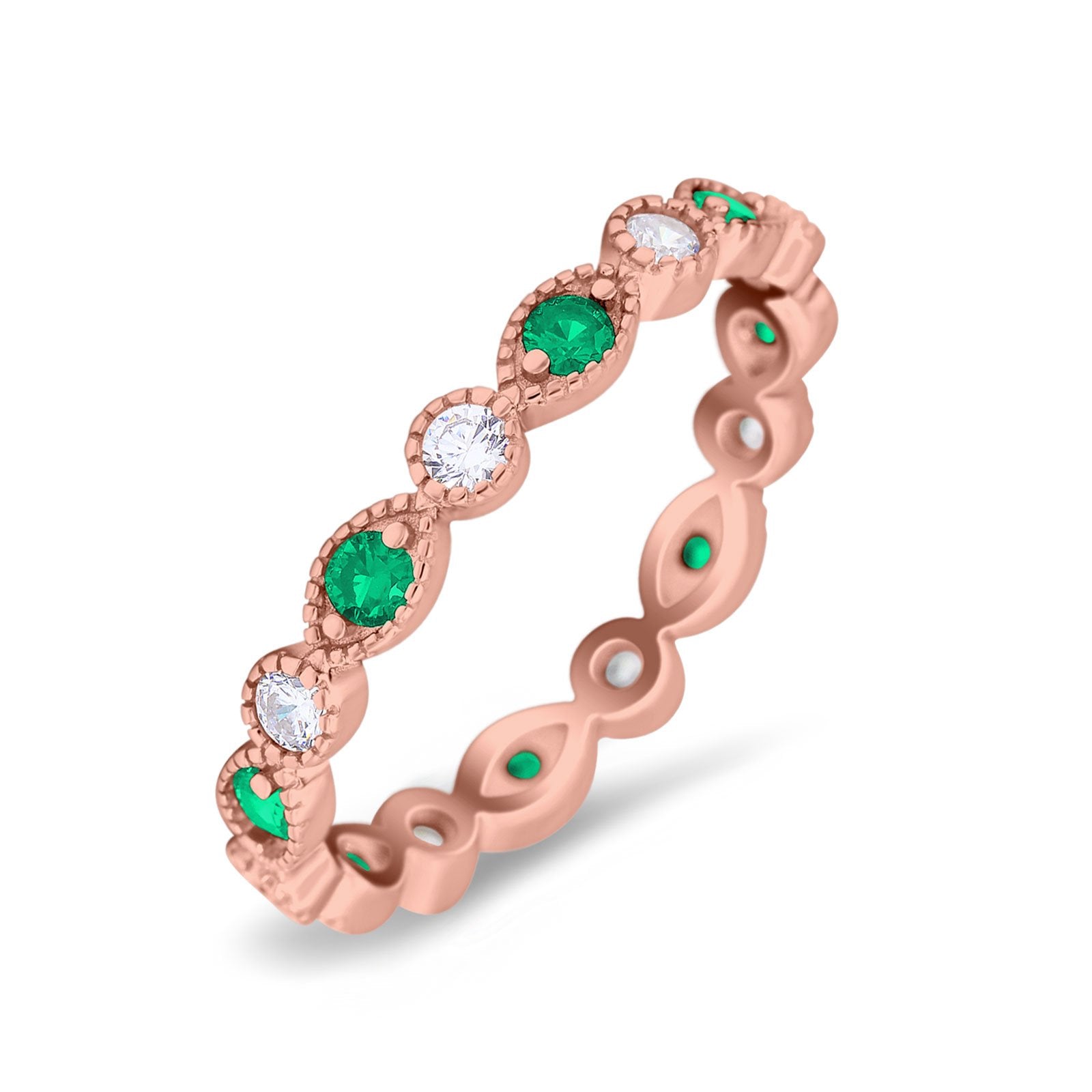Curved Marquise Art Dec Full Eternity Stackable Band Simulated Green Emerald & Cubic Zirconia 925 Sterling Silver