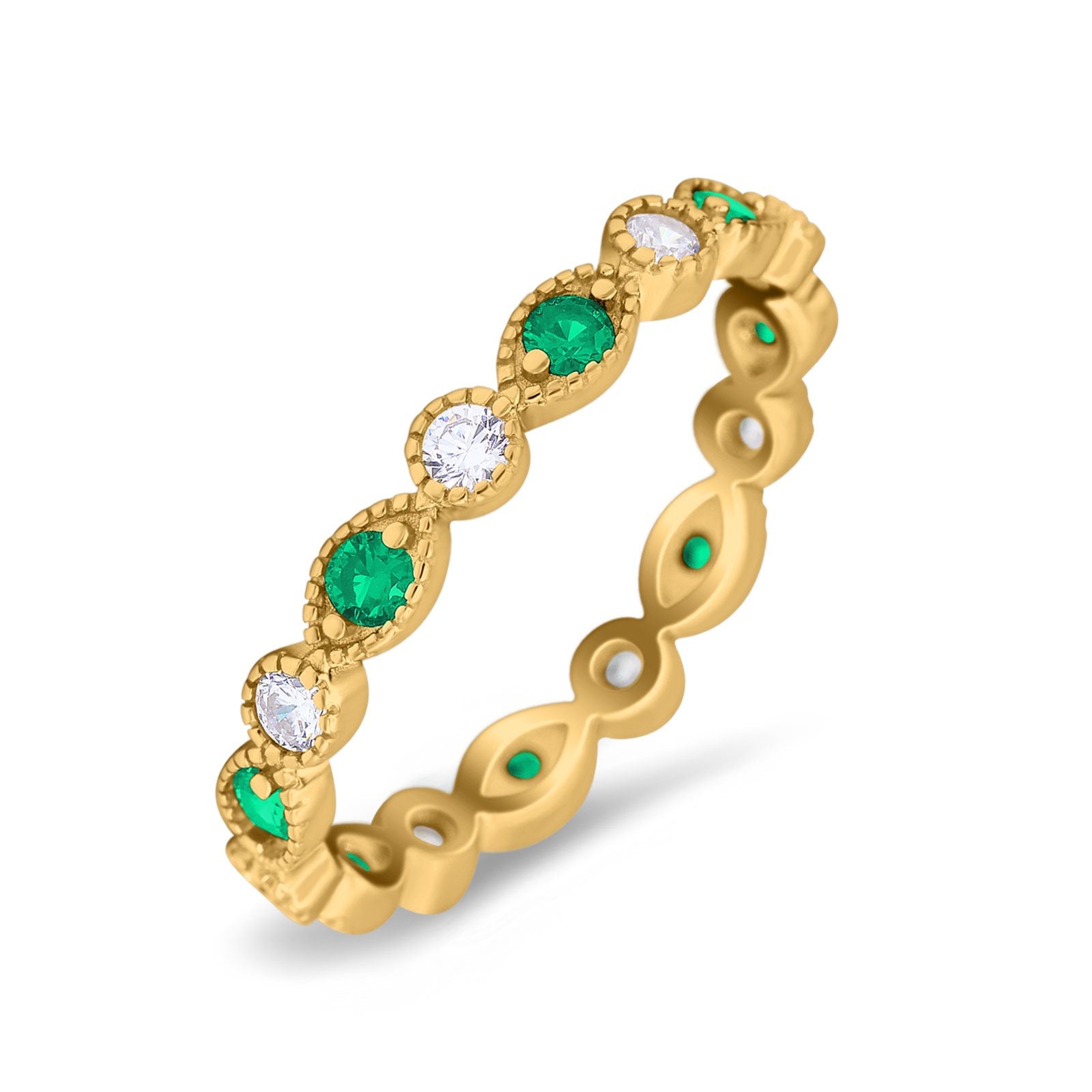 Curved Marquise Art Dec Full Eternity Stackable Band Simulated Green Emerald & Cubic Zirconia 925 Sterling Silver