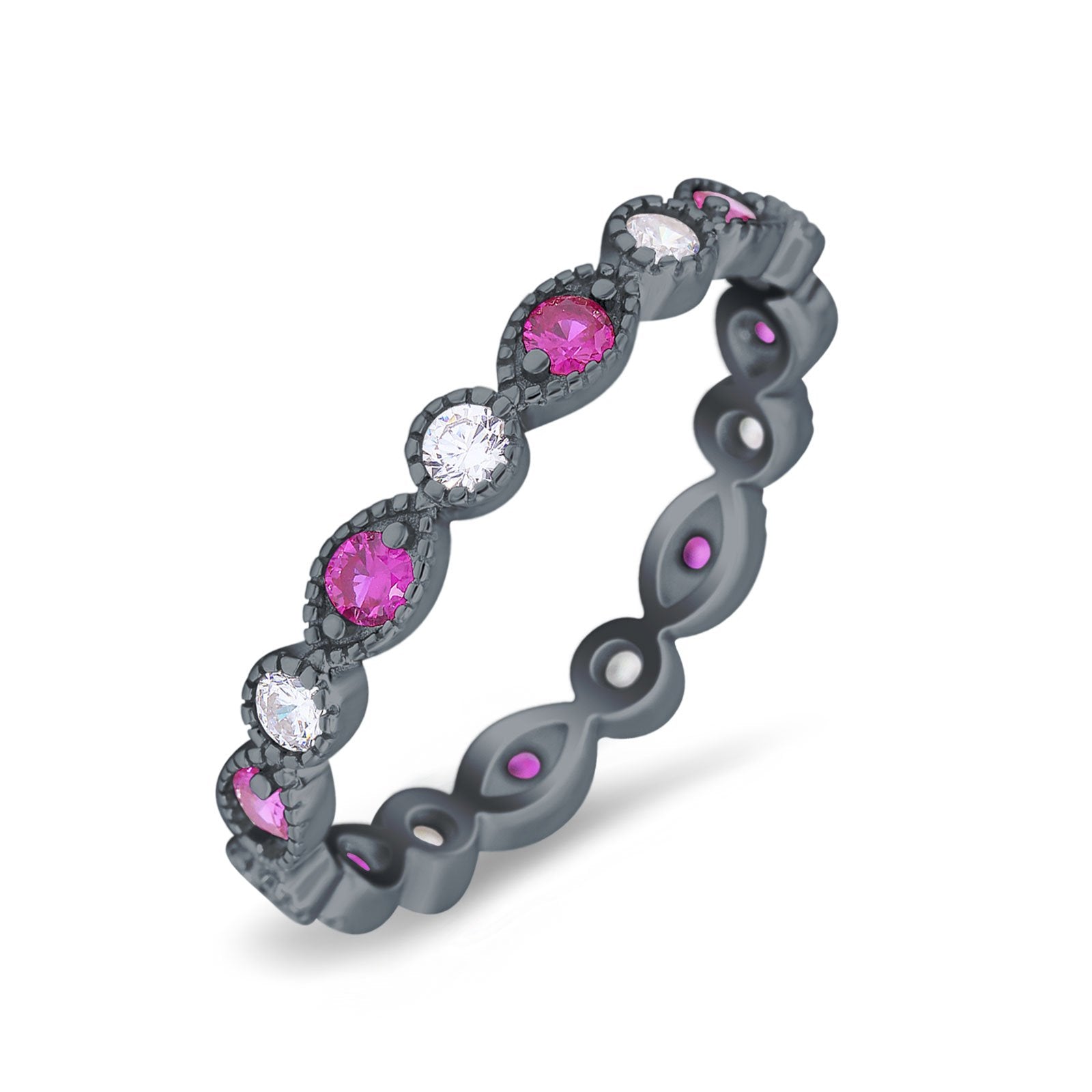 Curved Marquise Art Dec Full Eternity Stackable Band Simulated Ruby  & Cubic Zirconia 925 Sterling Silver