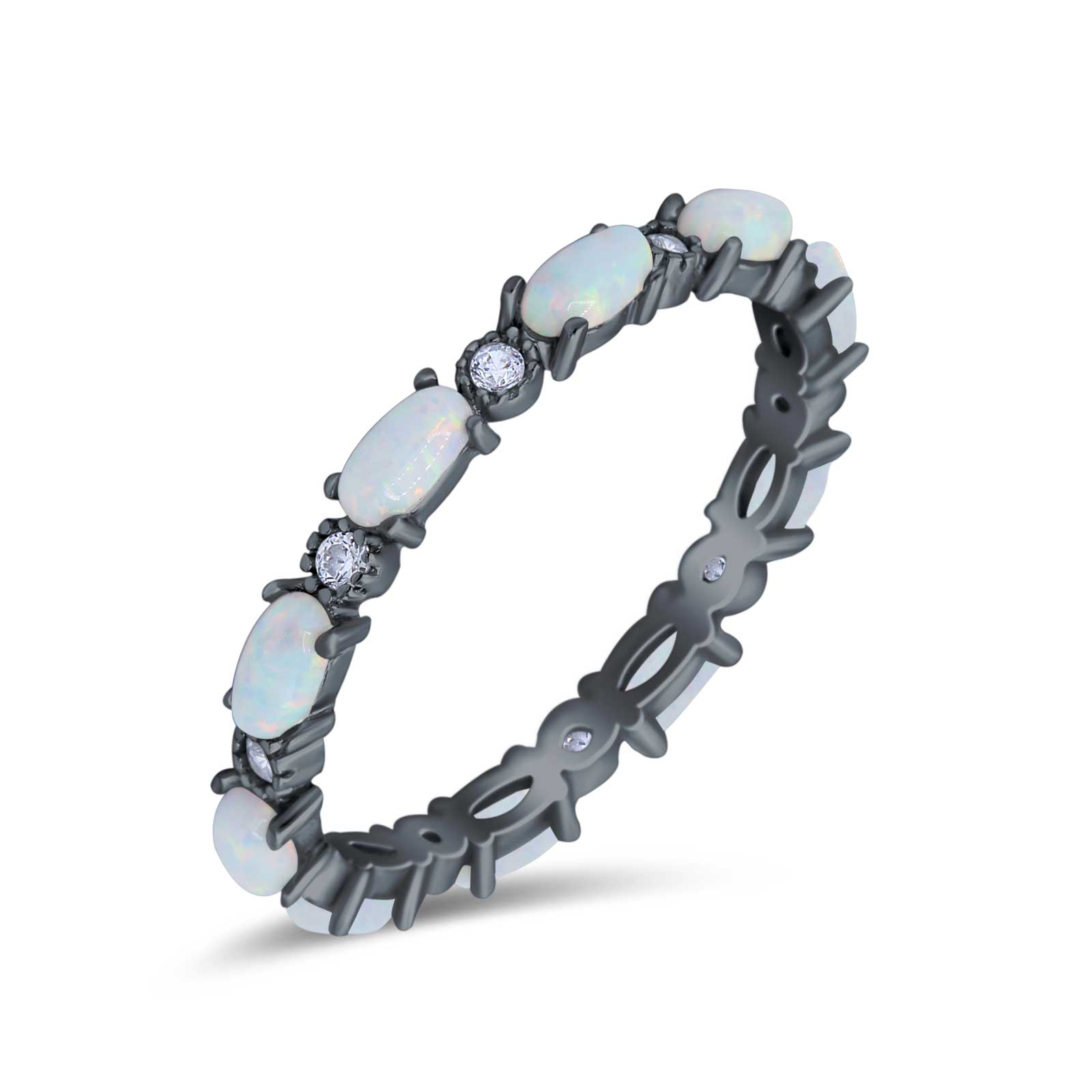 Full Eternity Wedding Engagement Bridal Ring Oval Lab Created Opal Round Simulated Cubic Zirconia 925 Sterling Silver