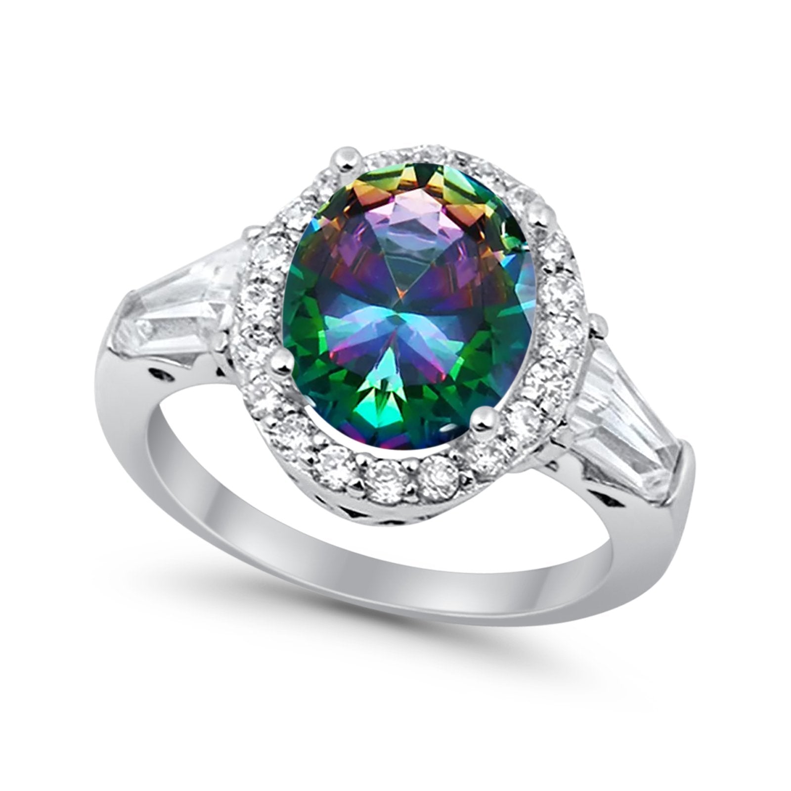 Halo Fashion Ring Round Baguette Simulated CZ 925 Sterling Silver