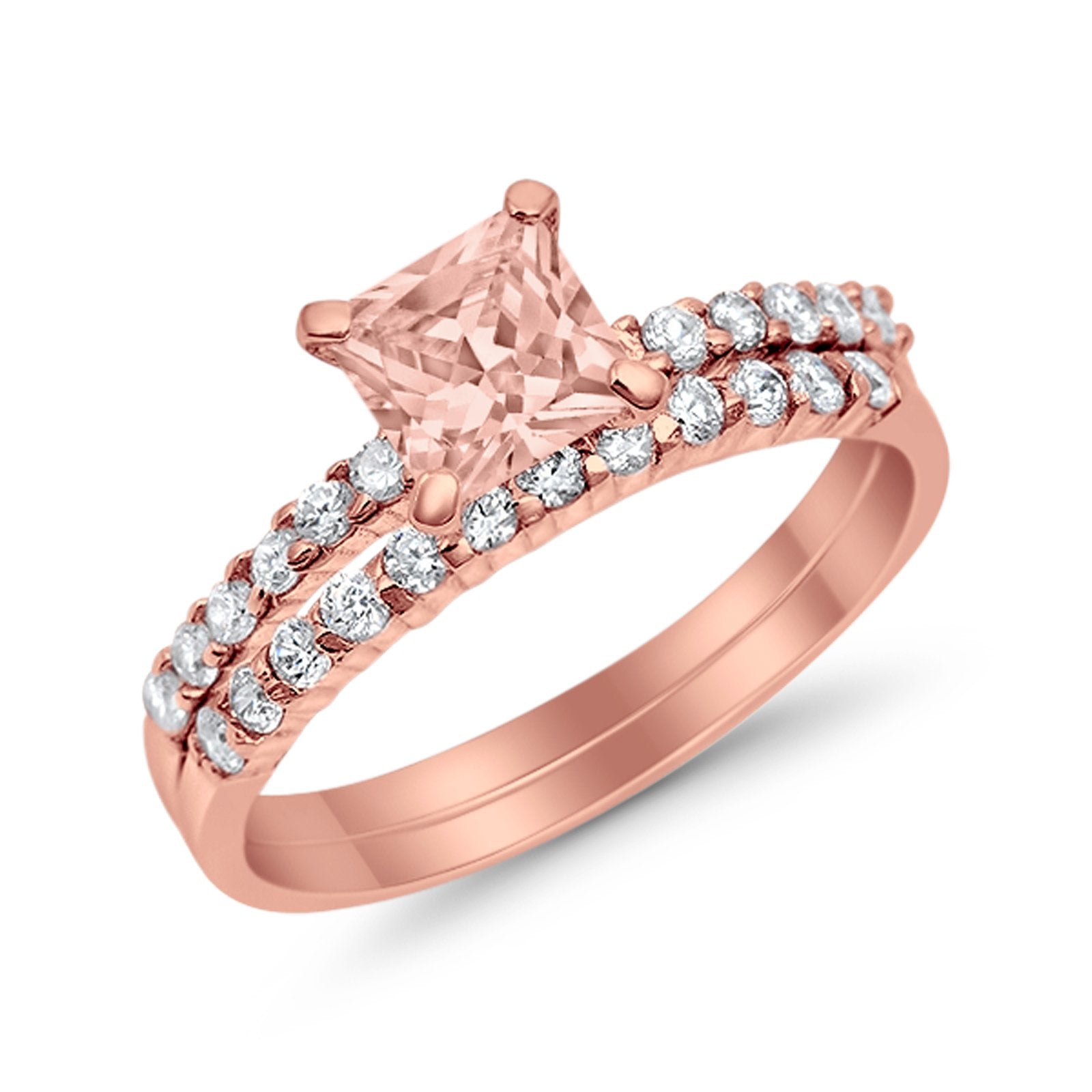 Bridal Set Princess Cut Simulated Cubic Zirconia 925 Sterling Silver Engagement Ring