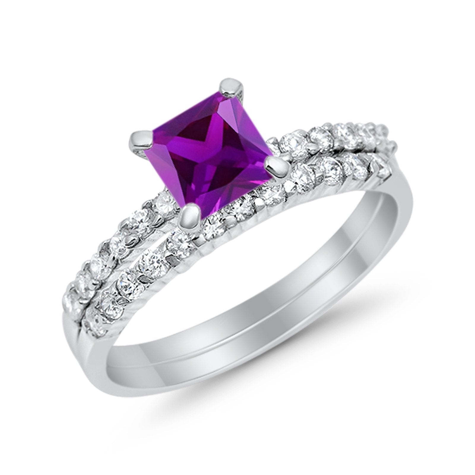Bridal Set Princess Cut Simulated Cubic Zirconia 925 Sterling Silver Engagement Ring