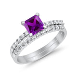 Bridal Set Princess Cut Simulated Cubic Zirconia 925 Sterling Silver Engagement Ring