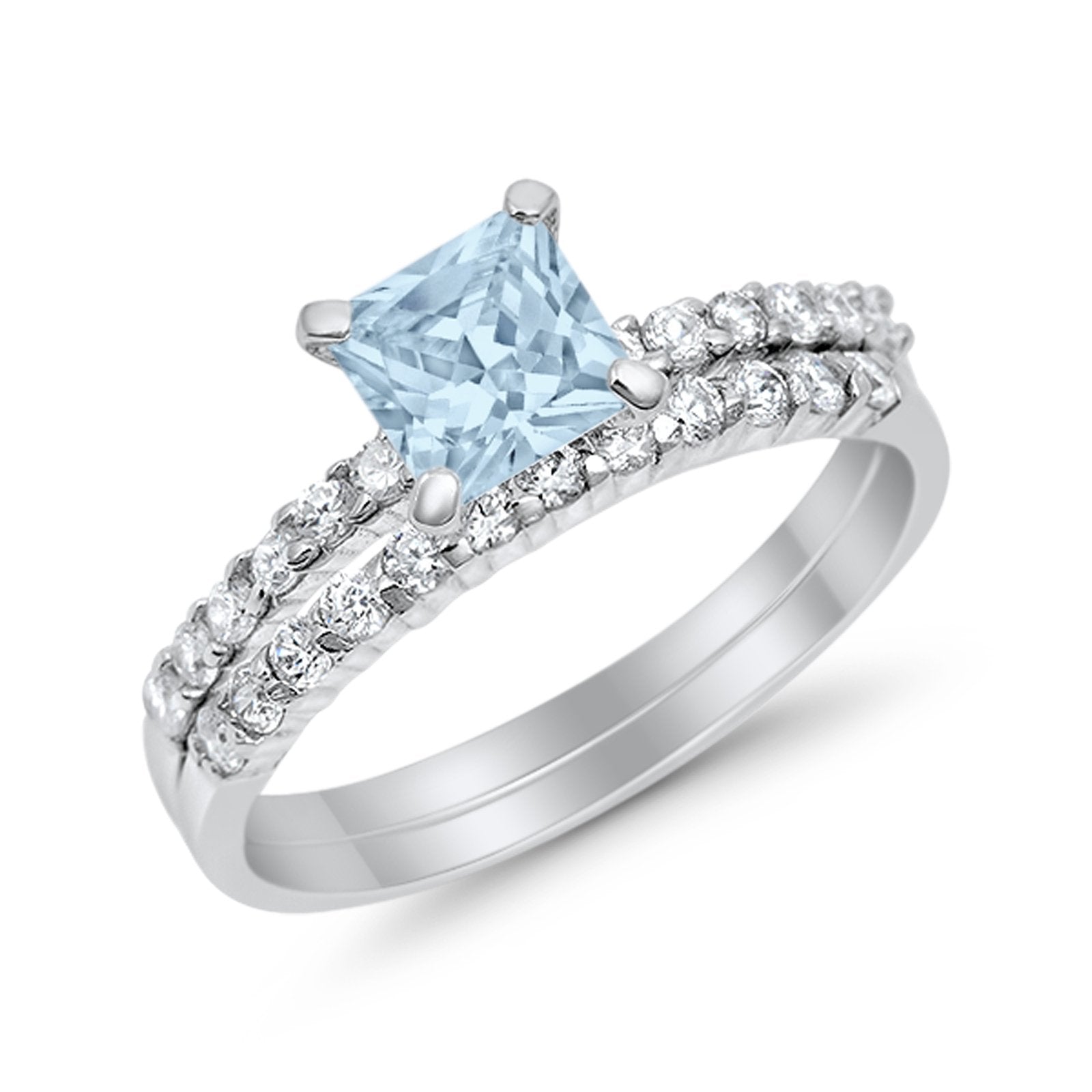 Bridal Set Princess Cut Simulated Cubic Zirconia 925 Sterling Silver Engagement Ring