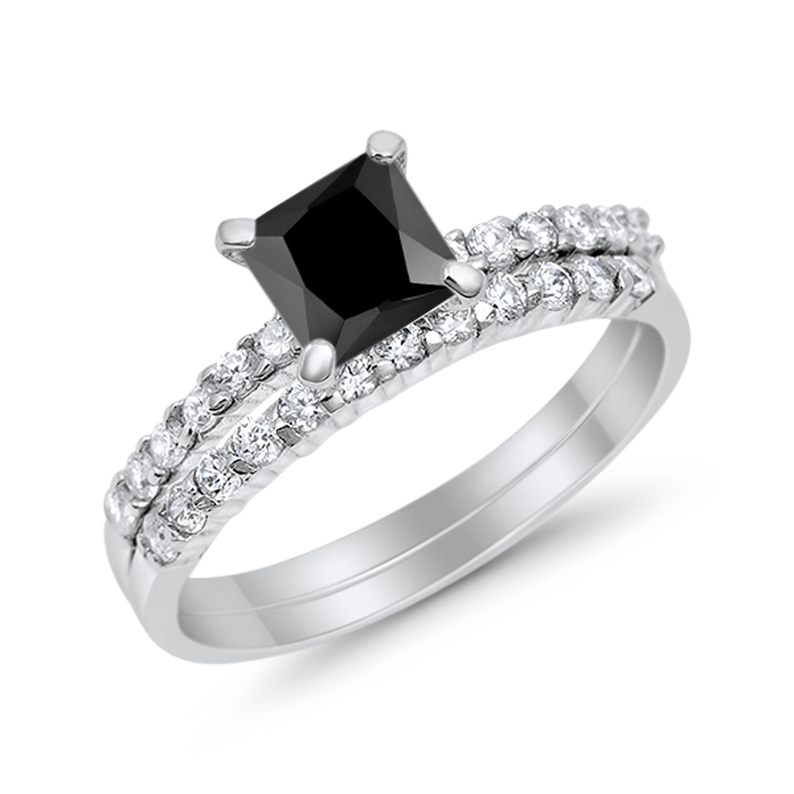 Bridal Set Princess Cut Simulated Cubic Zirconia 925 Sterling Silver Engagement Ring