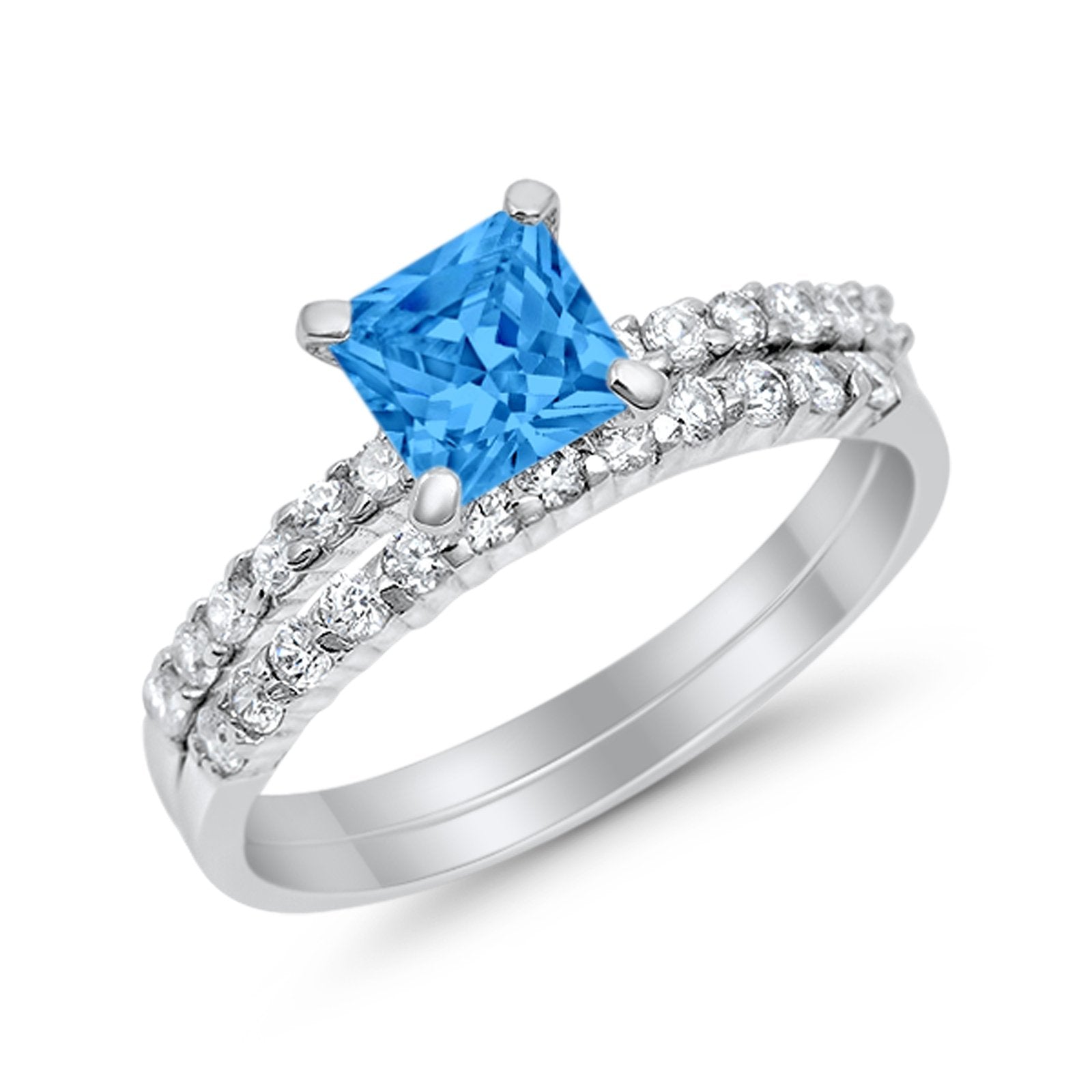Bridal Set Princess Cut Simulated Cubic Zirconia 925 Sterling Silver Engagement Ring