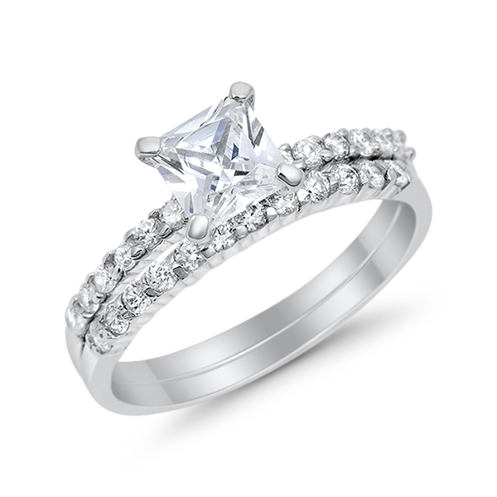 Bridal Set Princess Cut Simulated Cubic Zirconia 925 Sterling Silver Engagement Ring