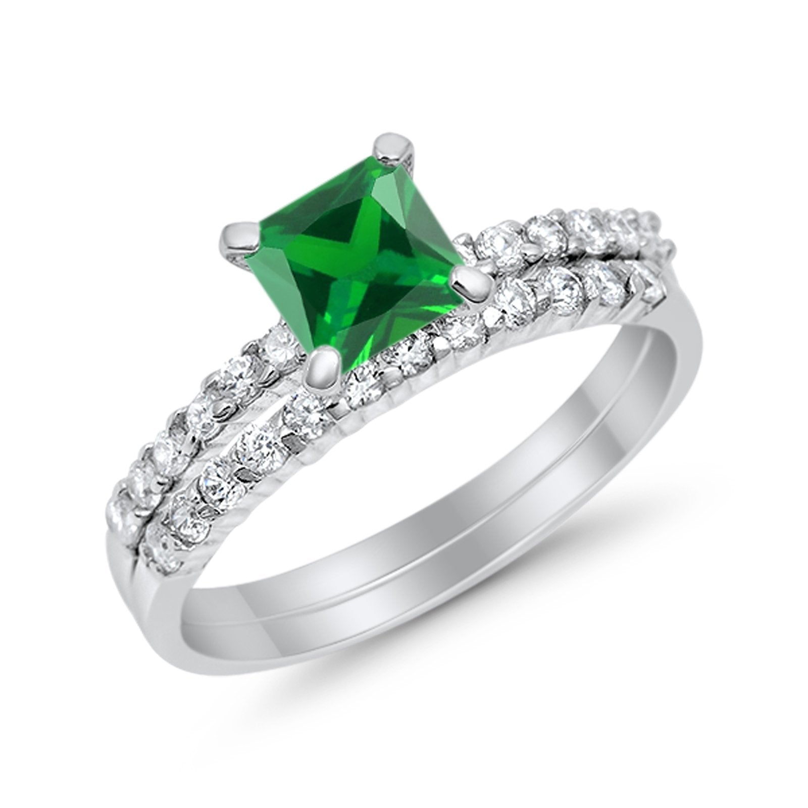 Bridal Set Princess Cut Simulated Cubic Zirconia 925 Sterling Silver Engagement Ring