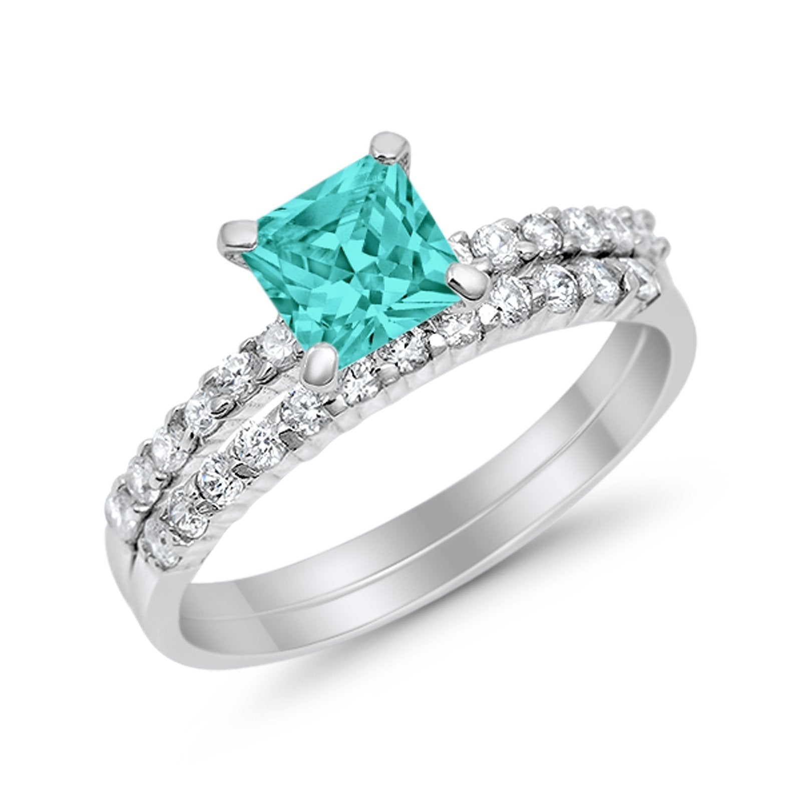 Bridal Set Princess Cut Simulated Cubic Zirconia 925 Sterling Silver Engagement Ring