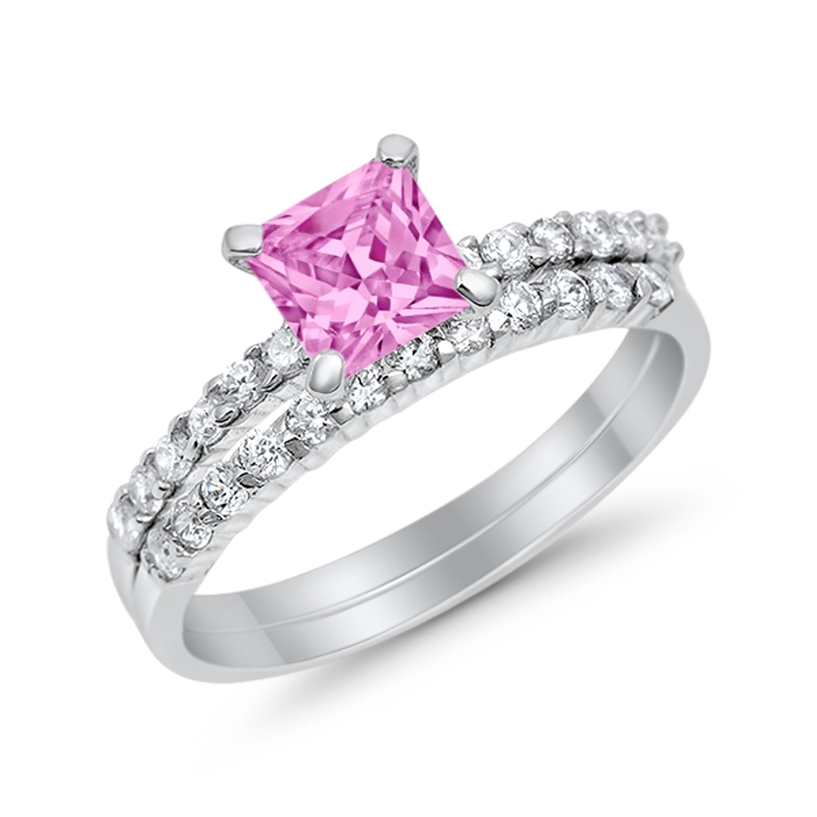 Bridal Set Princess Cut Simulated Cubic Zirconia 925 Sterling Silver Engagement Ring