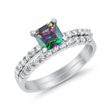 Bridal Set Princess Cut Simulated Cubic Zirconia 925 Sterling Silver Engagement Ring