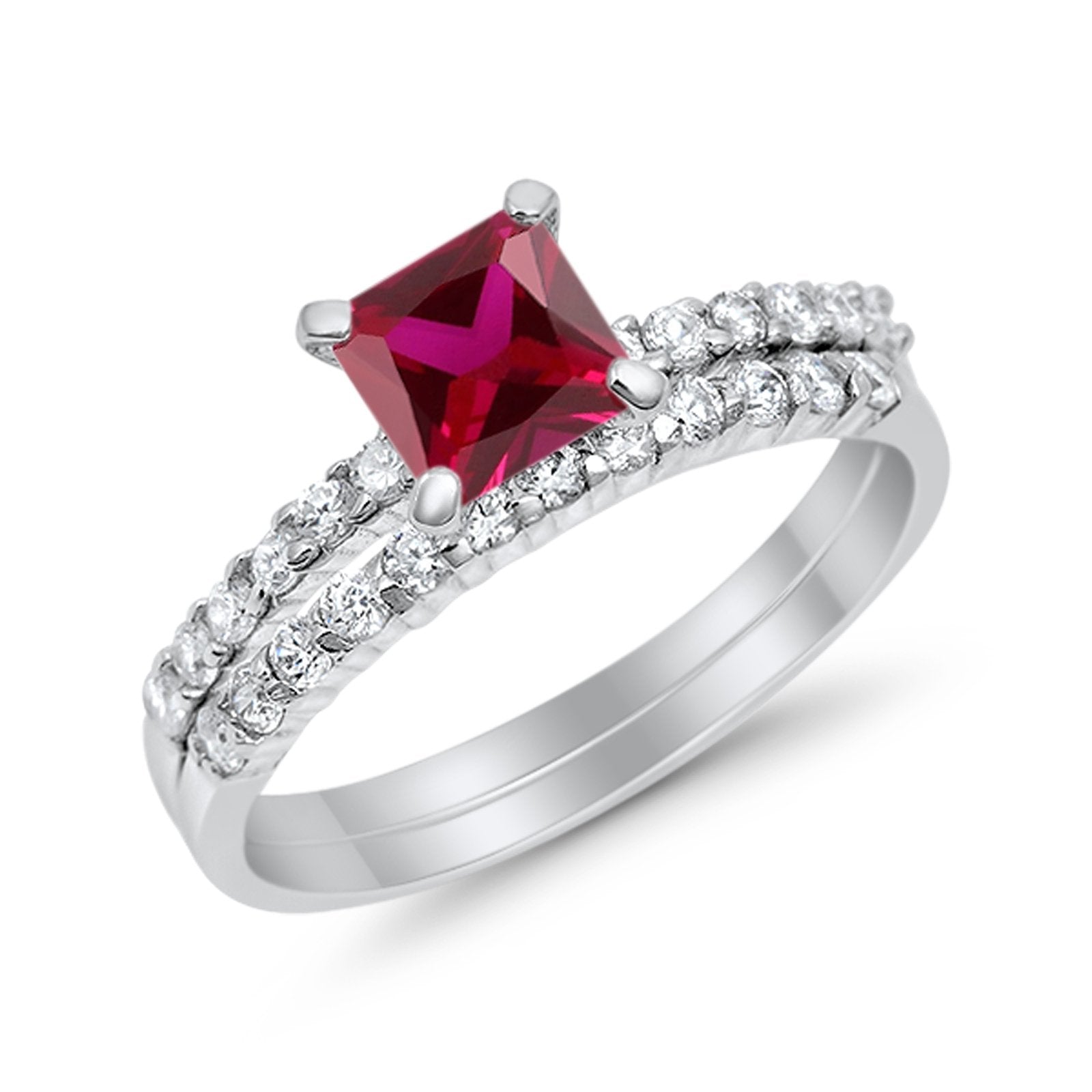 Bridal Set Princess Cut Simulated Cubic Zirconia 925 Sterling Silver Engagement Ring