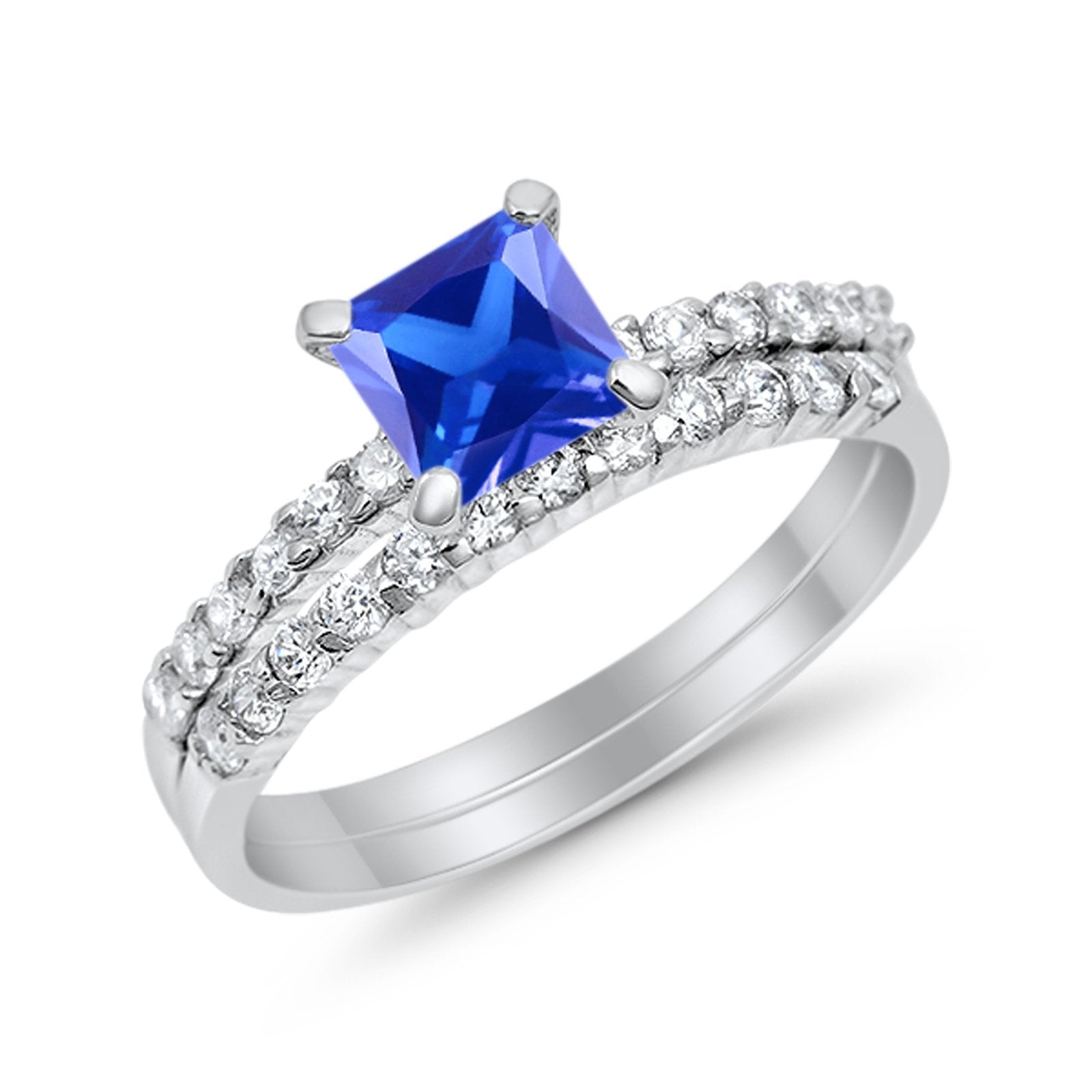 Bridal Set Princess Cut Simulated Cubic Zirconia 925 Sterling Silver Engagement Ring