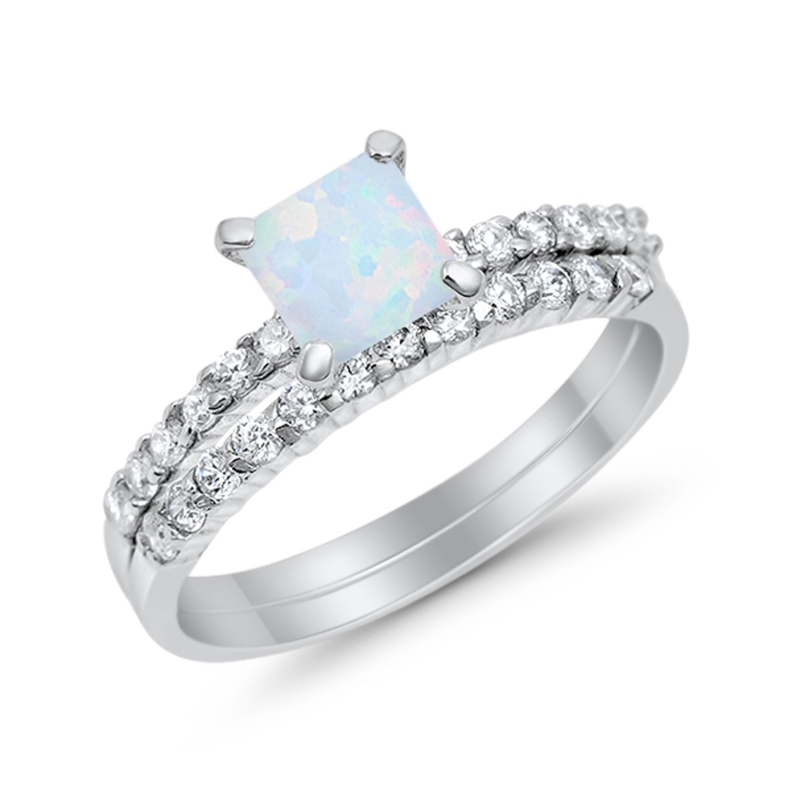 Bridal Set Princess Cut Simulated Cubic Zirconia 925 Sterling Silver Engagement Ring
