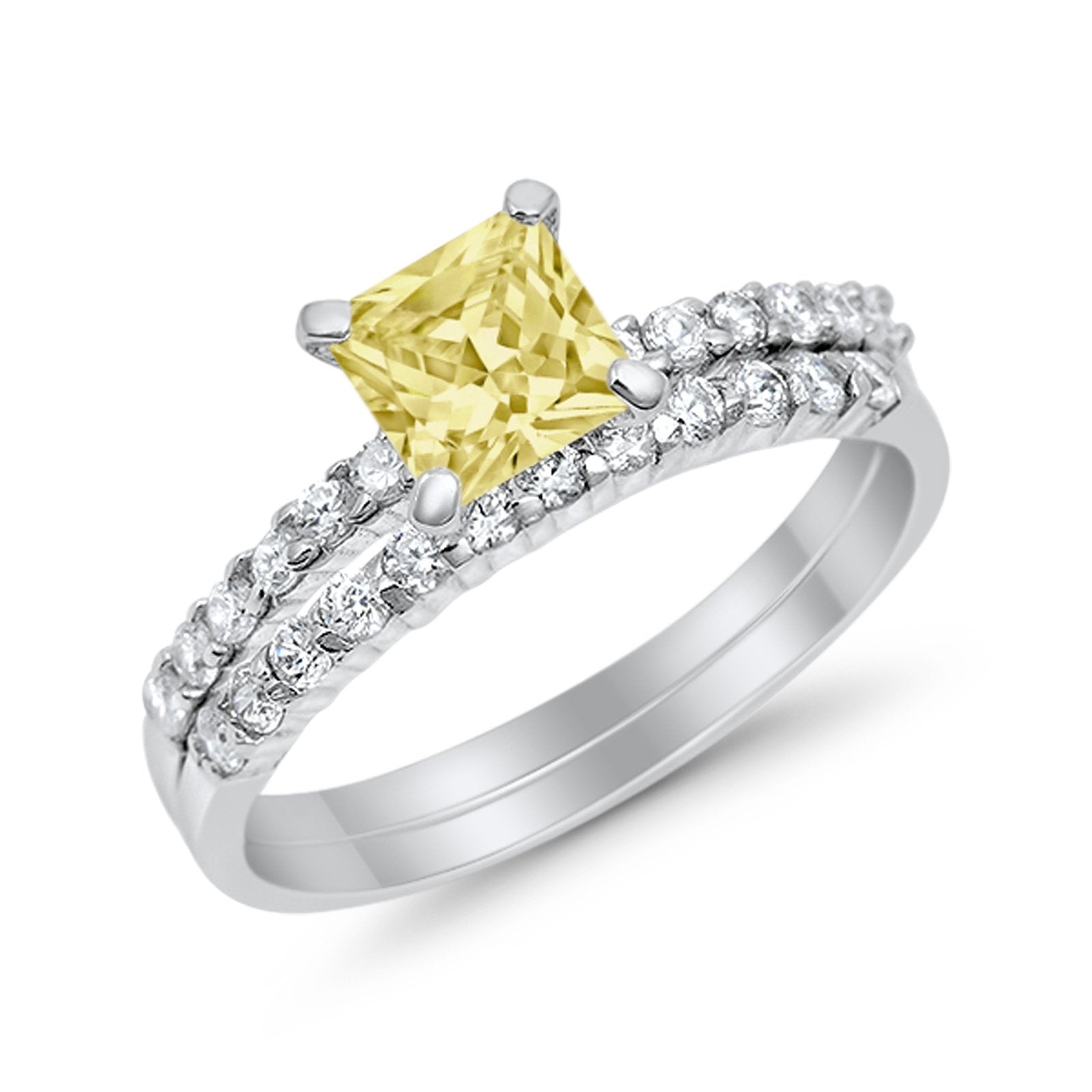 Bridal Set Princess Cut Simulated Cubic Zirconia 925 Sterling Silver Engagement Ring