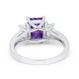 Emerald Cut Engagement Ring Round Simulated Cubic Zirconia 925 Sterling Silver