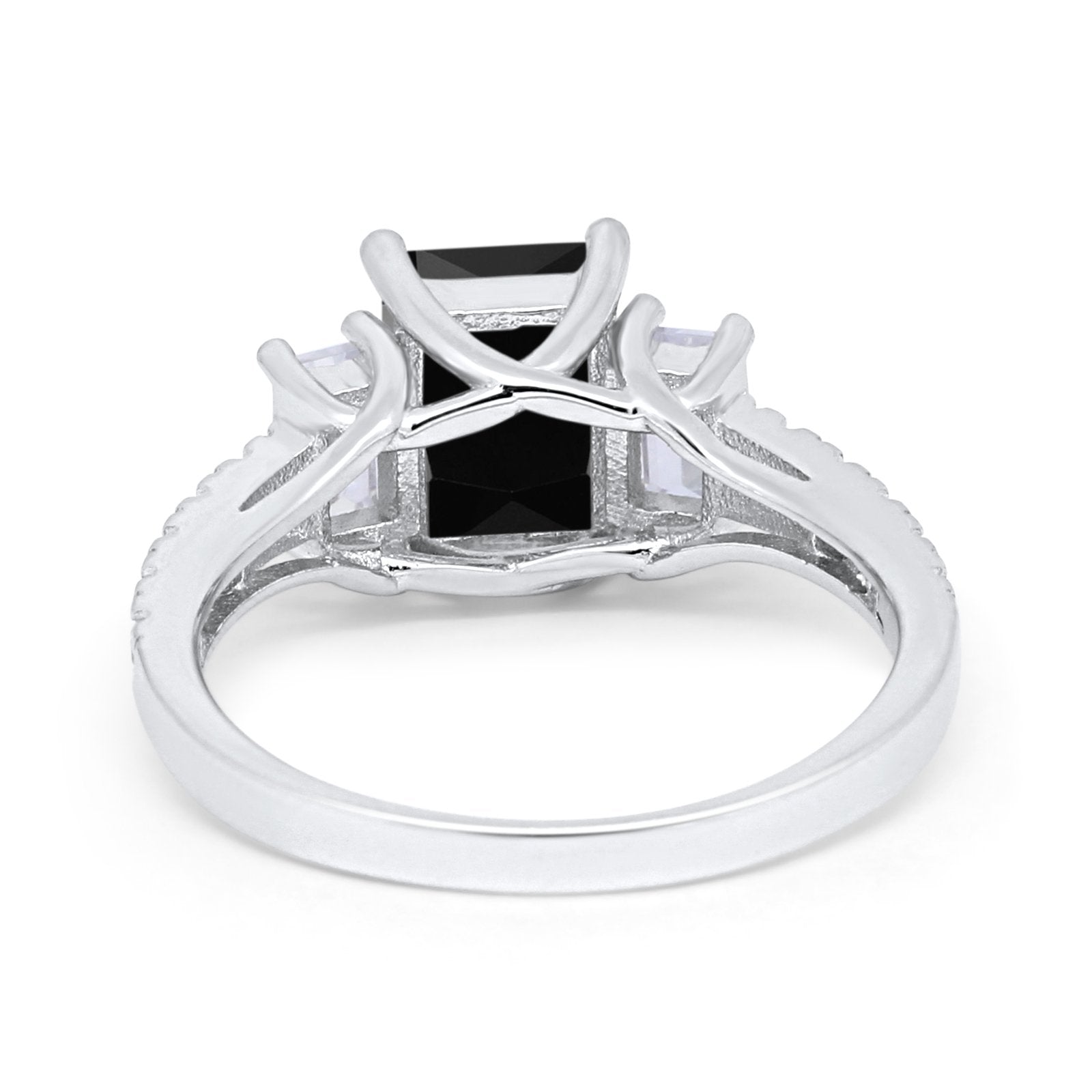 Emerald Cut Engagement Ring Round Simulated Cubic Zirconia 925 Sterling Silver