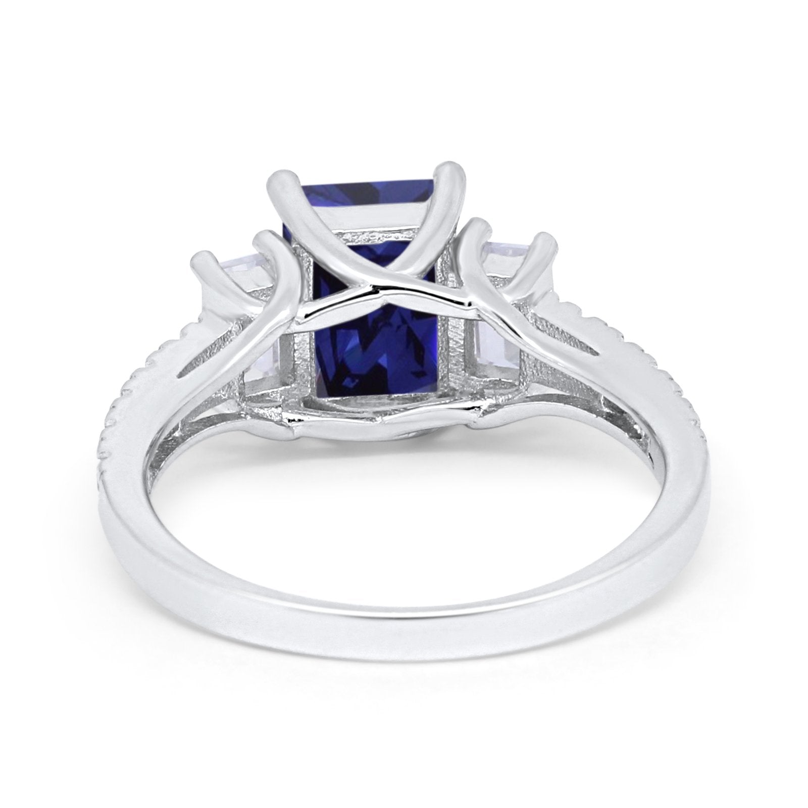 Emerald Cut Engagement Ring Round Simulated Cubic Zirconia 925 Sterling Silver