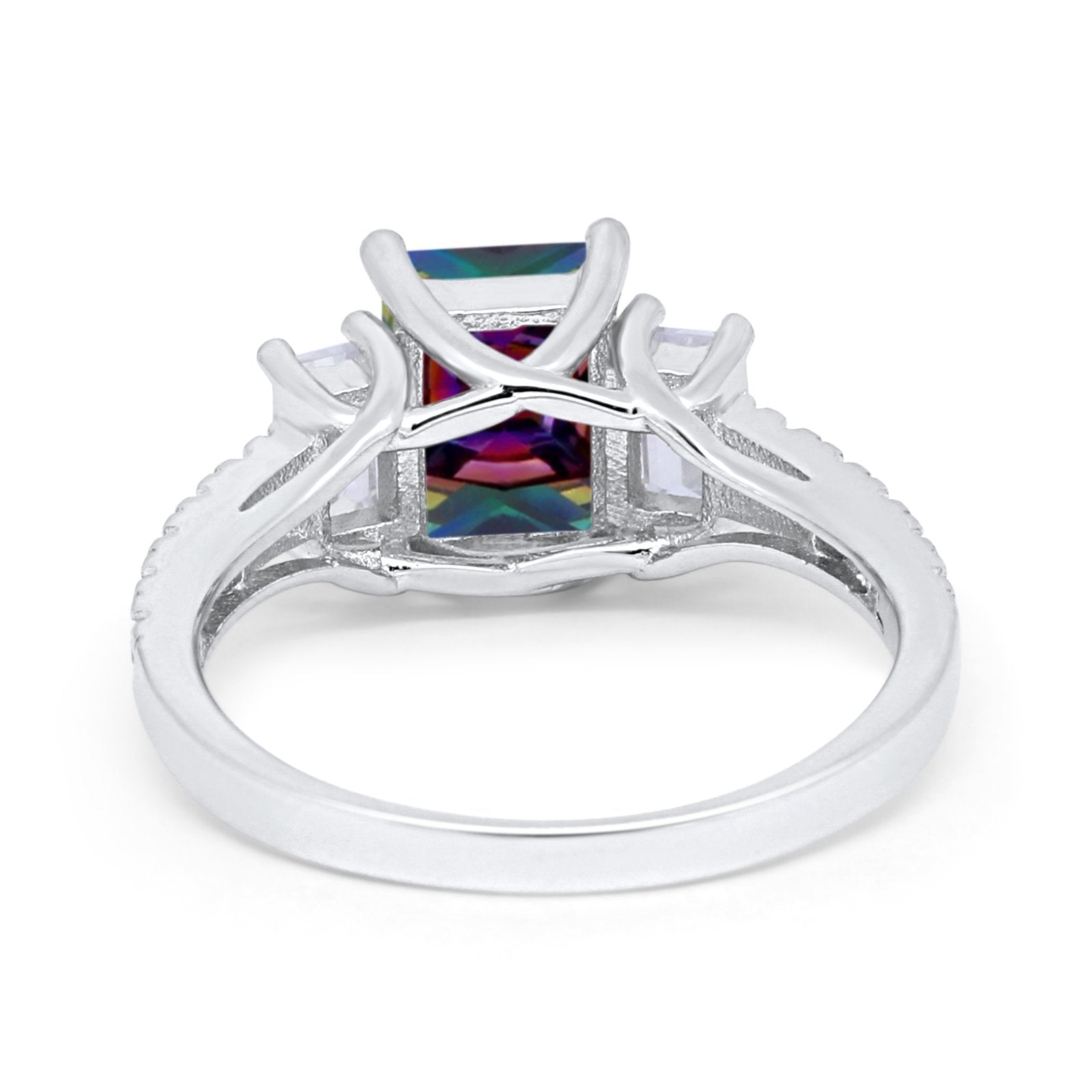 Emerald Cut Engagement Ring Round Simulated Cubic Zirconia 925 Sterling Silver