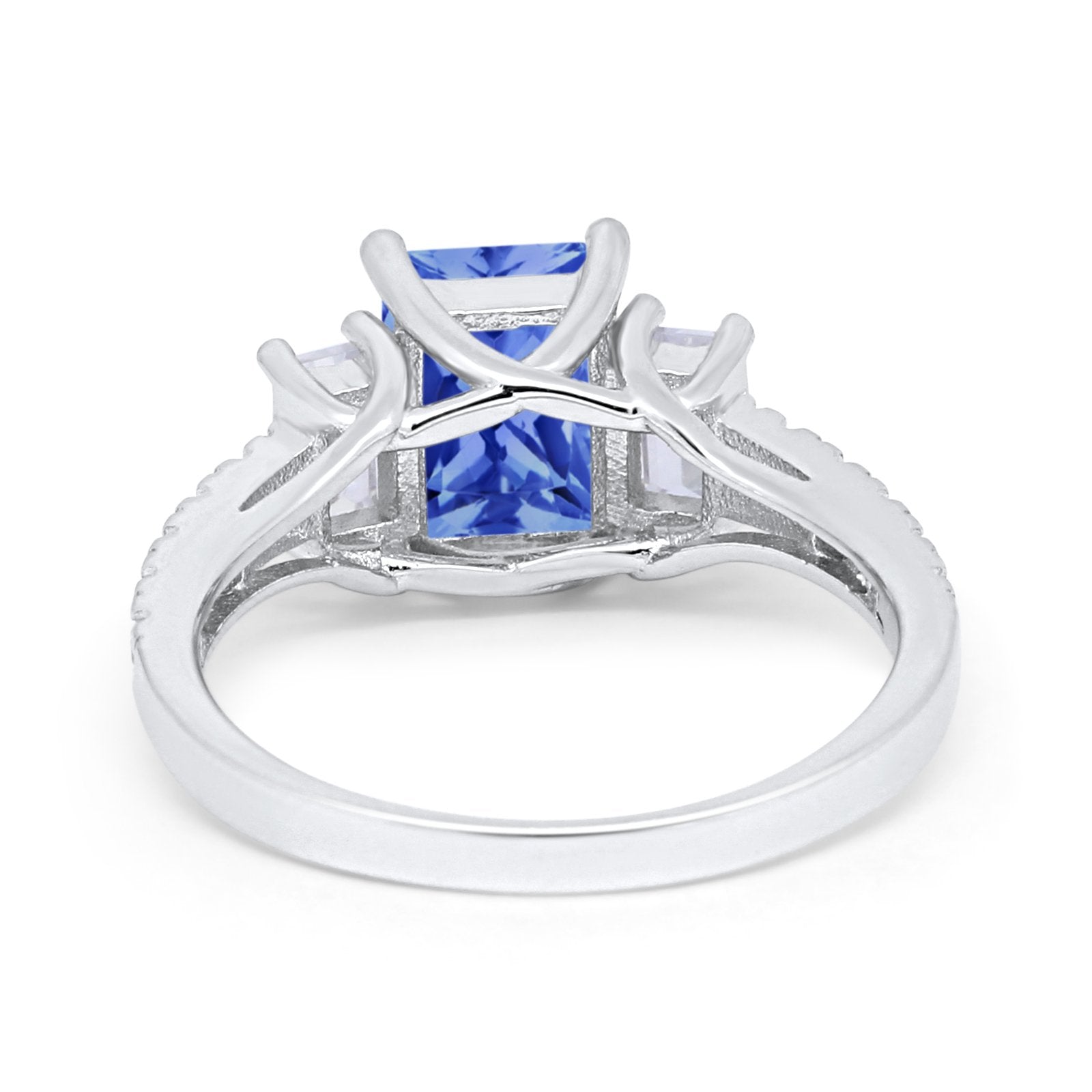 Emerald Cut Engagement Ring Round Simulated Cubic Zirconia 925 Sterling Silver
