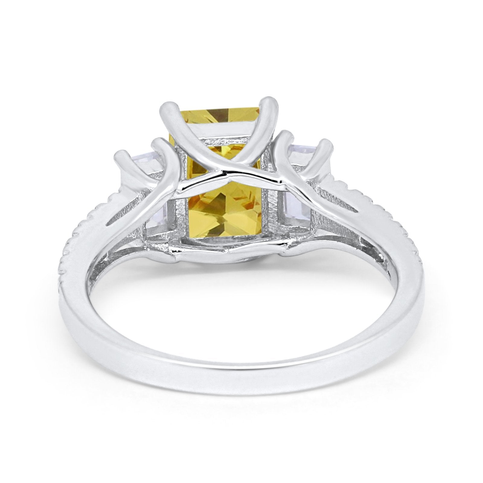 Emerald Cut Engagement Ring Round Simulated Cubic Zirconia 925 Sterling Silver