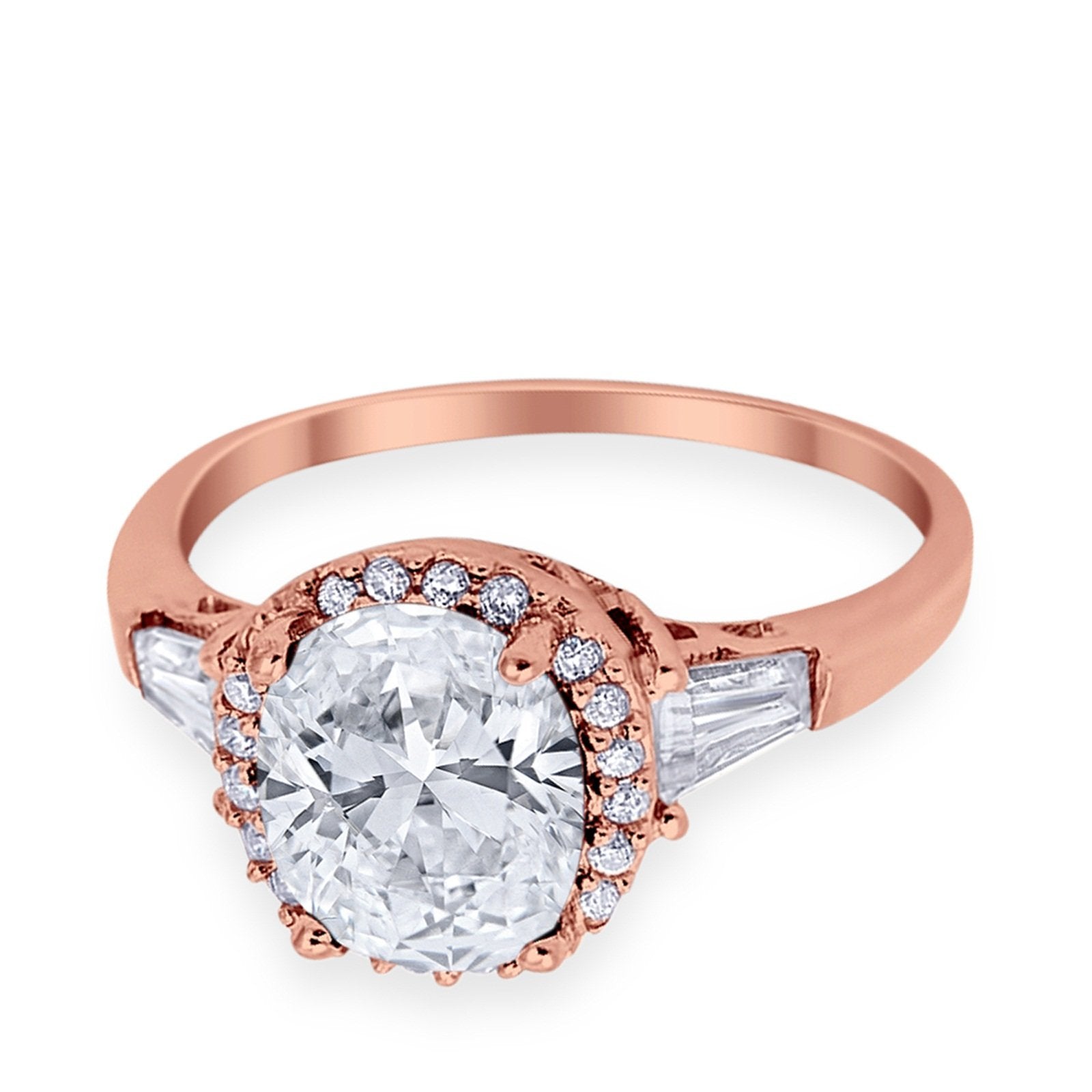 Halo Engagement Ring Baguette Simulated Cubic Zirconia 925 Sterling Silver