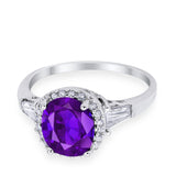 Halo Engagement Ring Baguette Simulated Cubic Zirconia 925 Sterling Silver