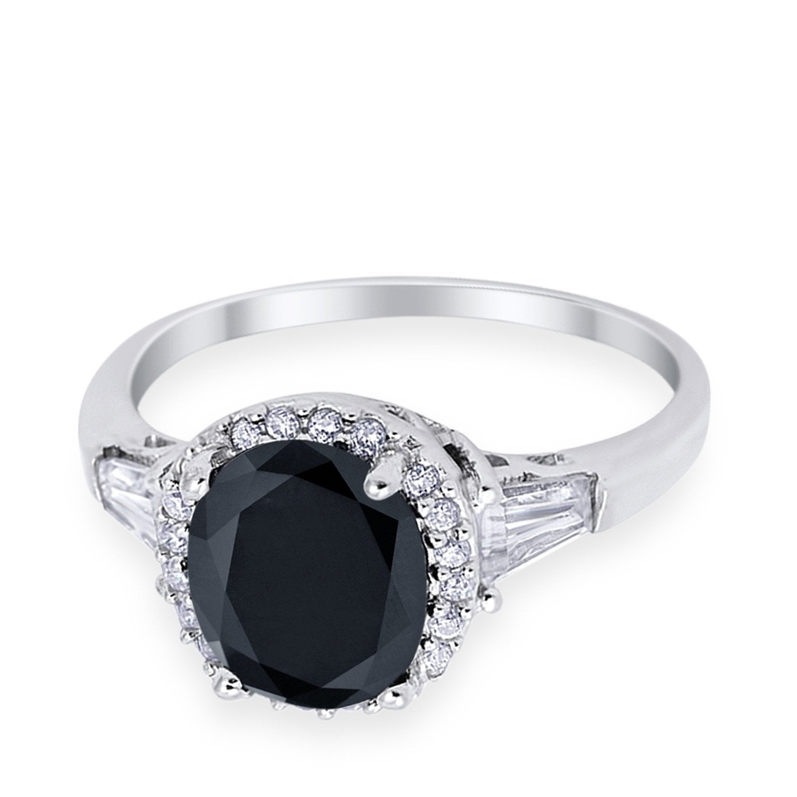 Halo Engagement Ring Baguette Simulated Cubic Zirconia 925 Sterling Silver