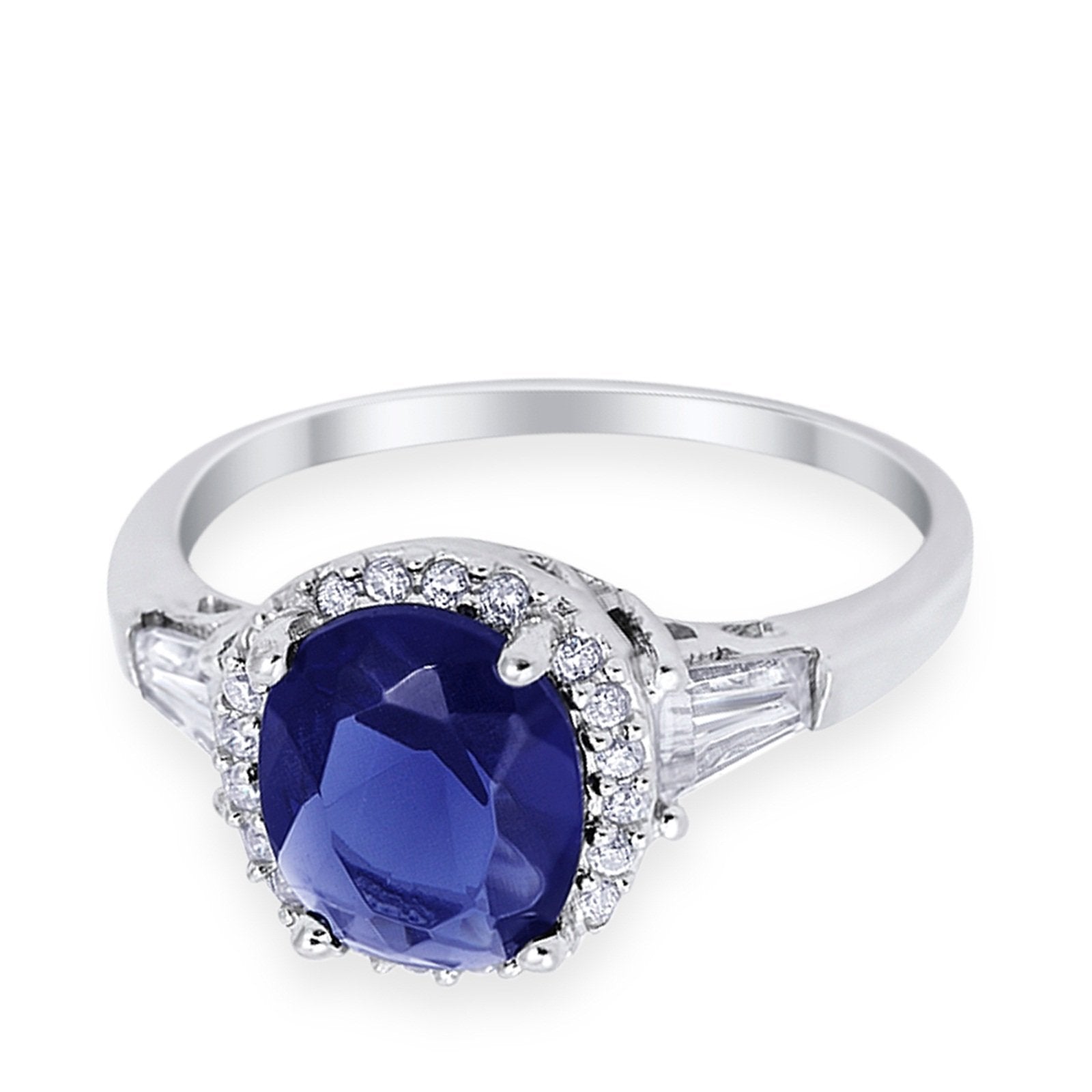 Halo Engagement Ring Baguette Simulated Cubic Zirconia 925 Sterling Silver