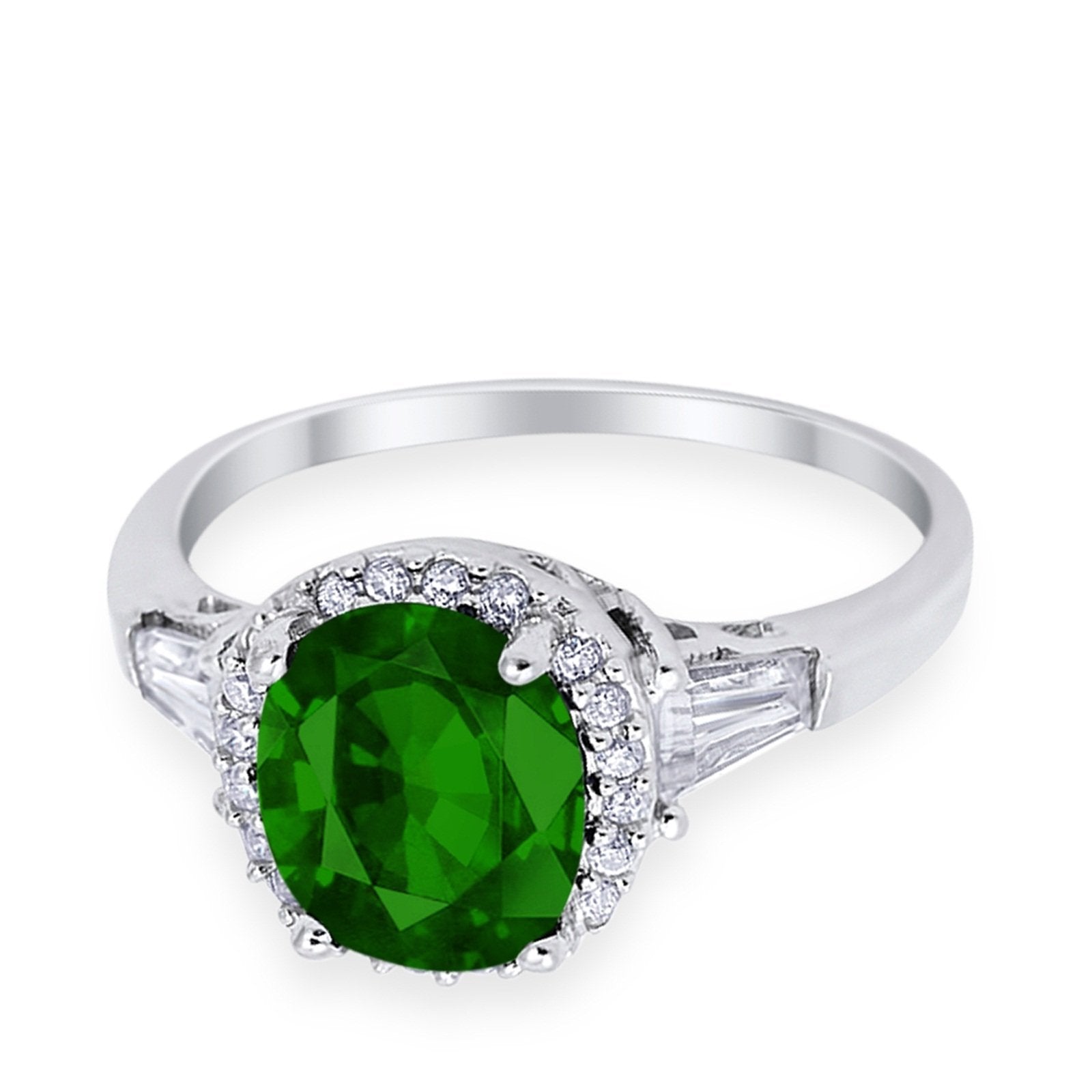 Halo Engagement Ring Baguette Simulated Cubic Zirconia 925 Sterling Silver