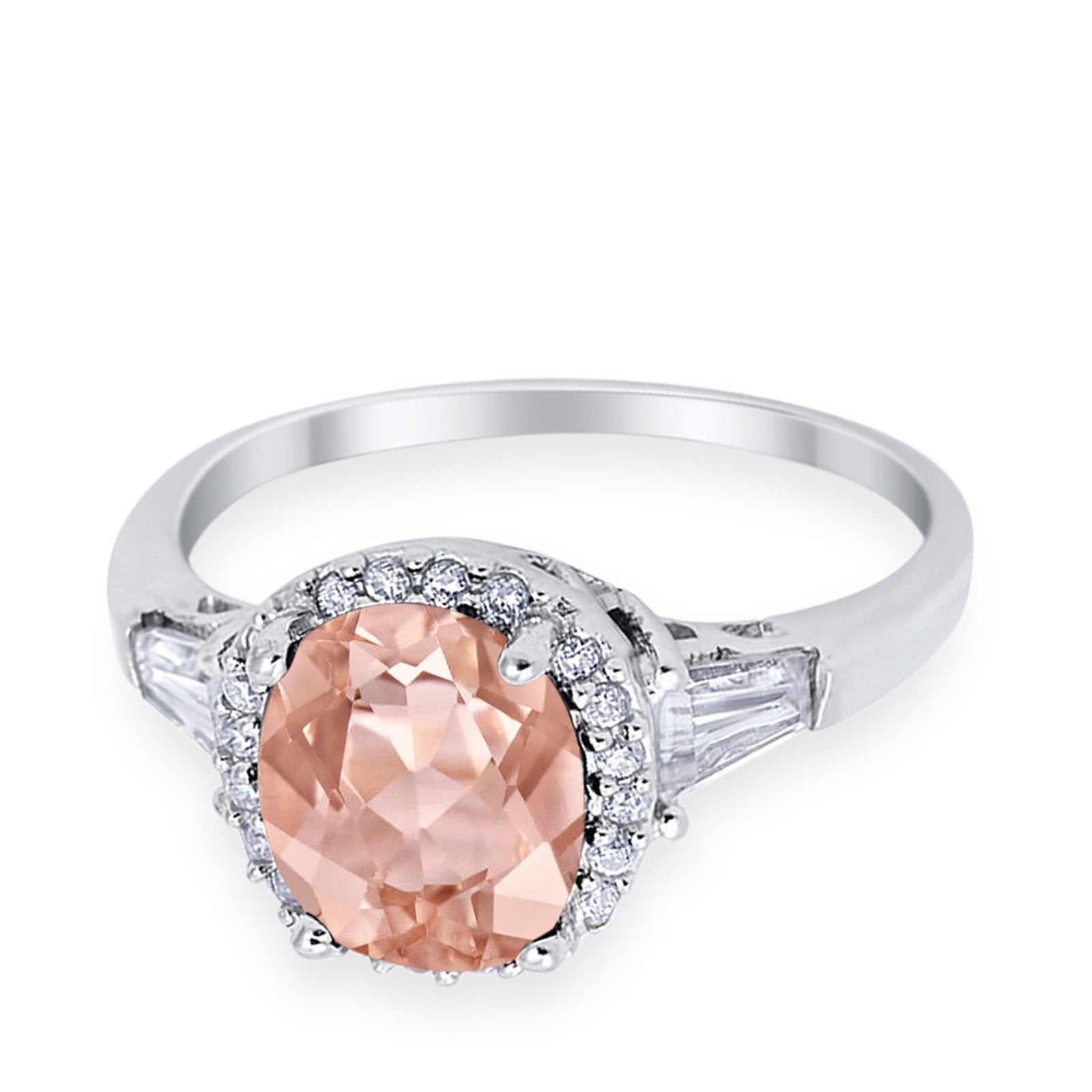 Halo Engagement Ring Baguette Simulated Cubic Zirconia 925 Sterling Silver