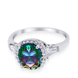 Halo Engagement Ring Baguette Simulated Cubic Zirconia 925 Sterling Silver