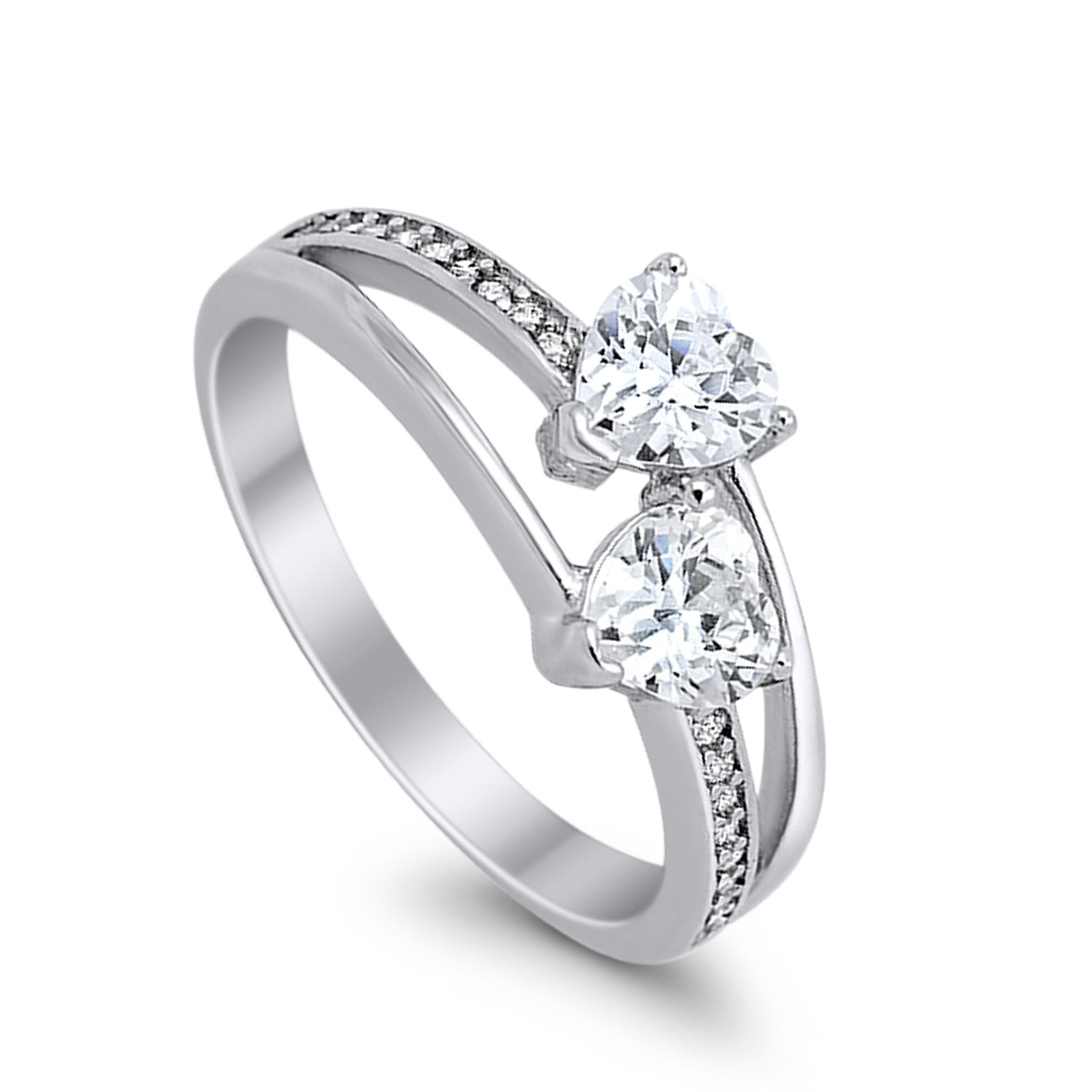 Double Heart Promise Ring Round Simulated Cubic Zirconia 925 Sterling Silver