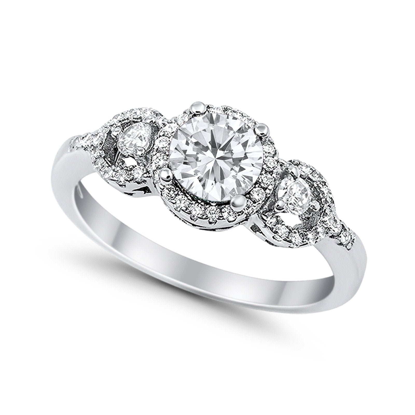 Halo Wedding Ring Round Simulated Cubic Zirconia 925 Sterling Silver