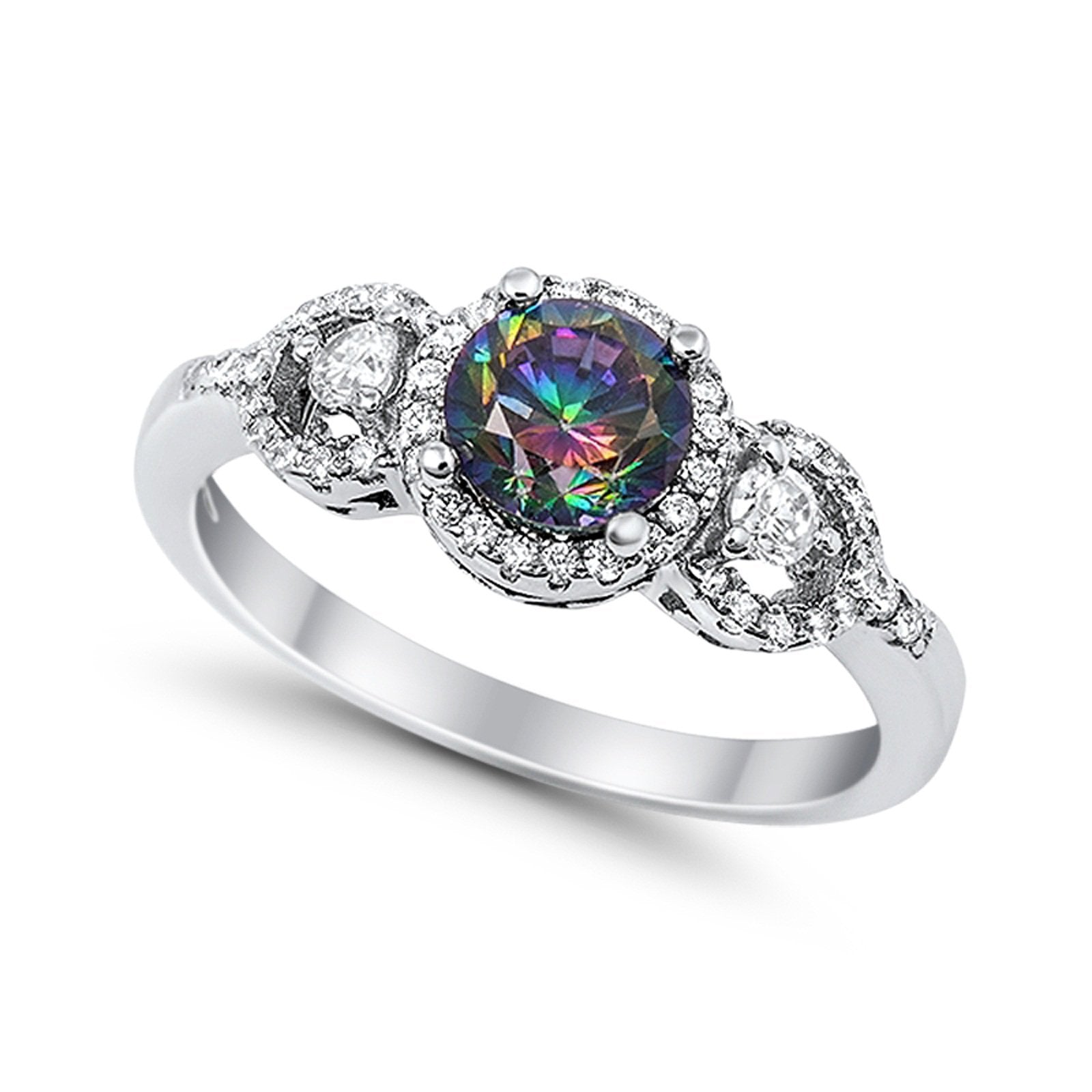 Halo Wedding Ring Round Simulated Cubic Zirconia 925 Sterling Silver