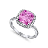 Halo Wedding Ring Cushion Cut Round Simulated Cubic Zirconia 925 Sterling Silver