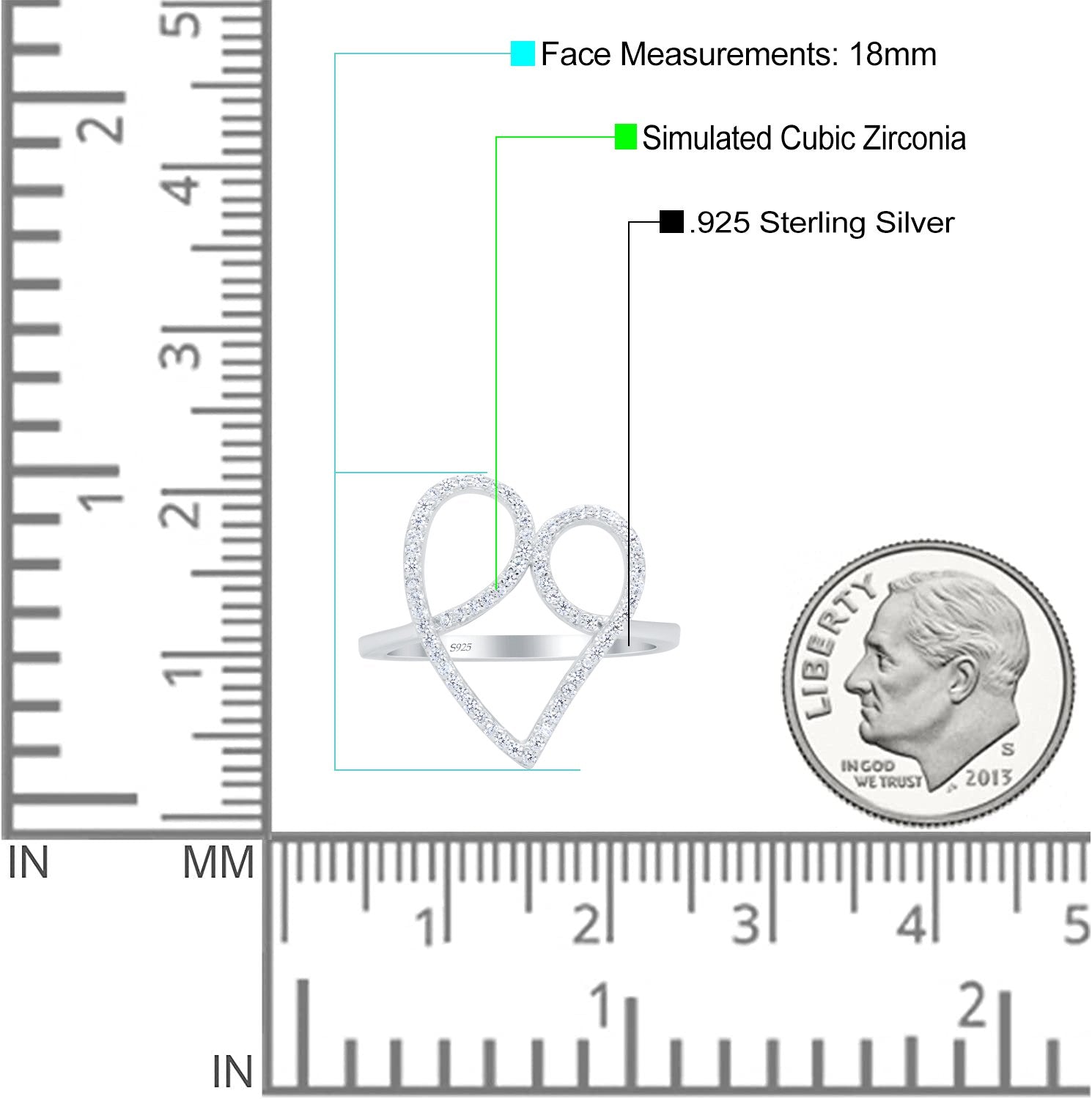 Swirl Heart Promise Ring Round Simulated Cubic Zirconia 925 Sterling Silver (19mm)